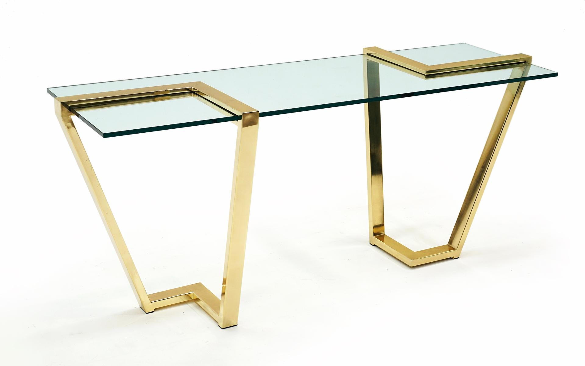 Hollywood Regency Console / Sofa Table in Brass and Glass by Design Institute of America, Signed For Sale