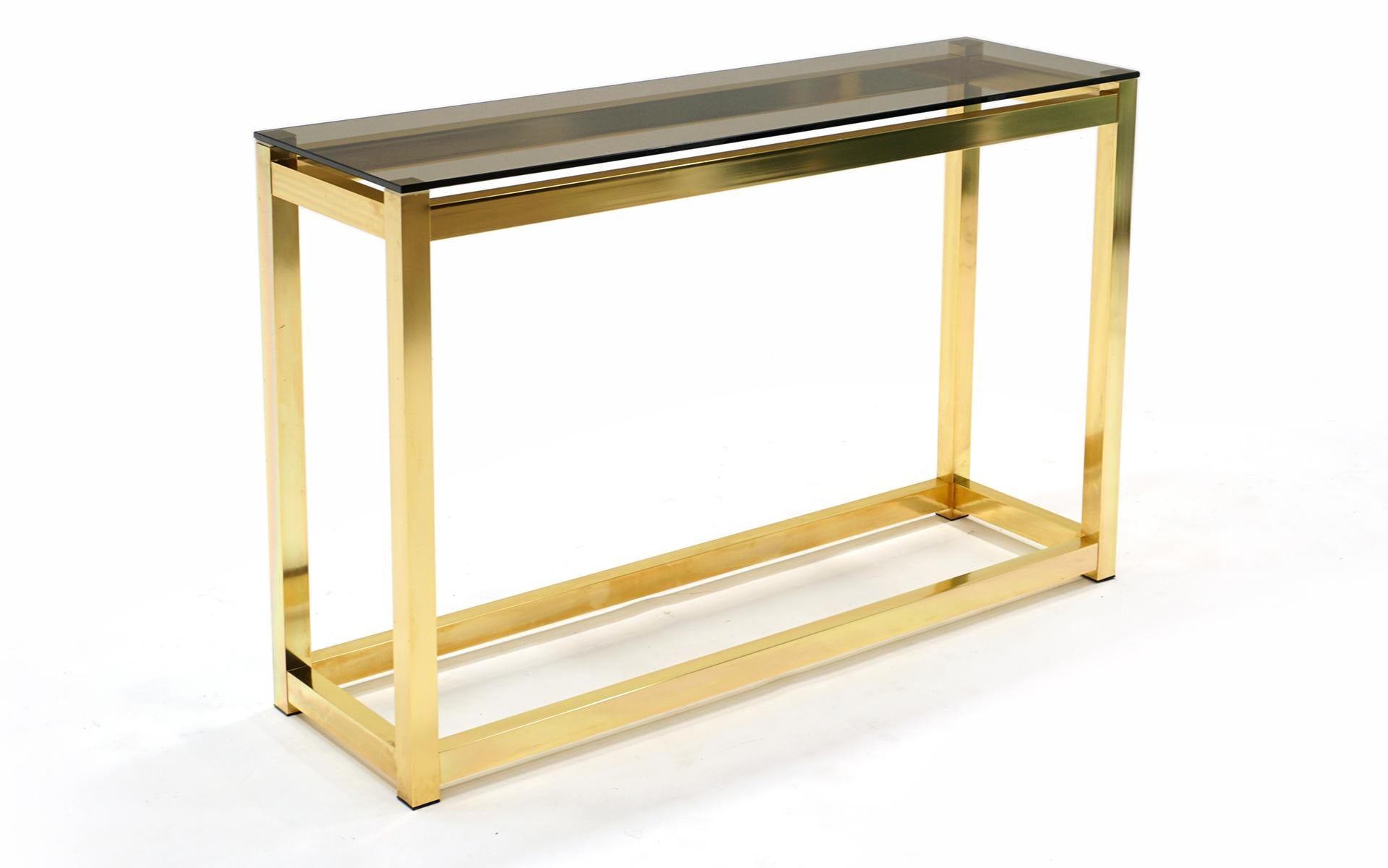 Hollywood Regency Console / Sofa Table in Brass Anodized Aluminum and Gray Glass For Sale