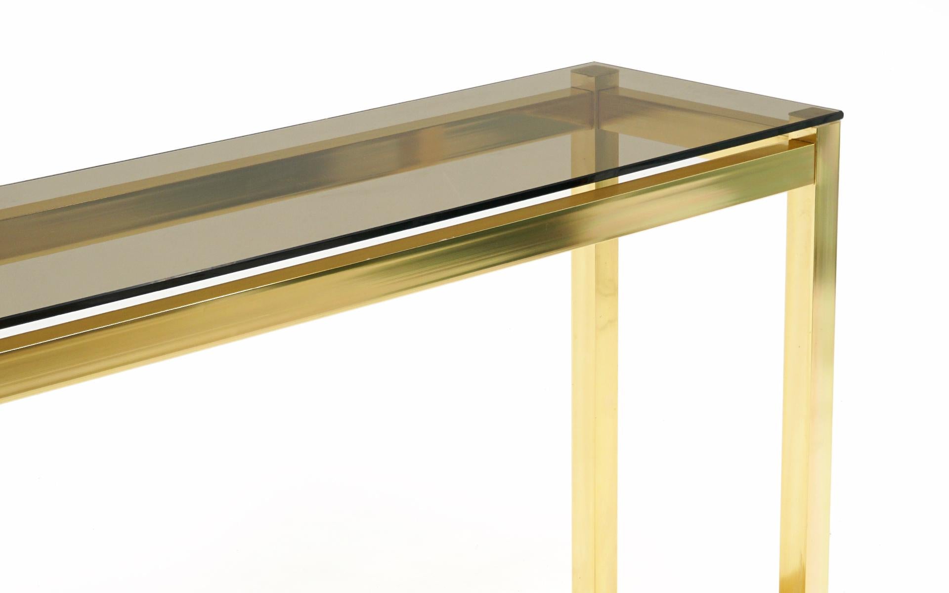 American Console / Sofa Table in Brass Anodized Aluminum and Gray Glass For Sale