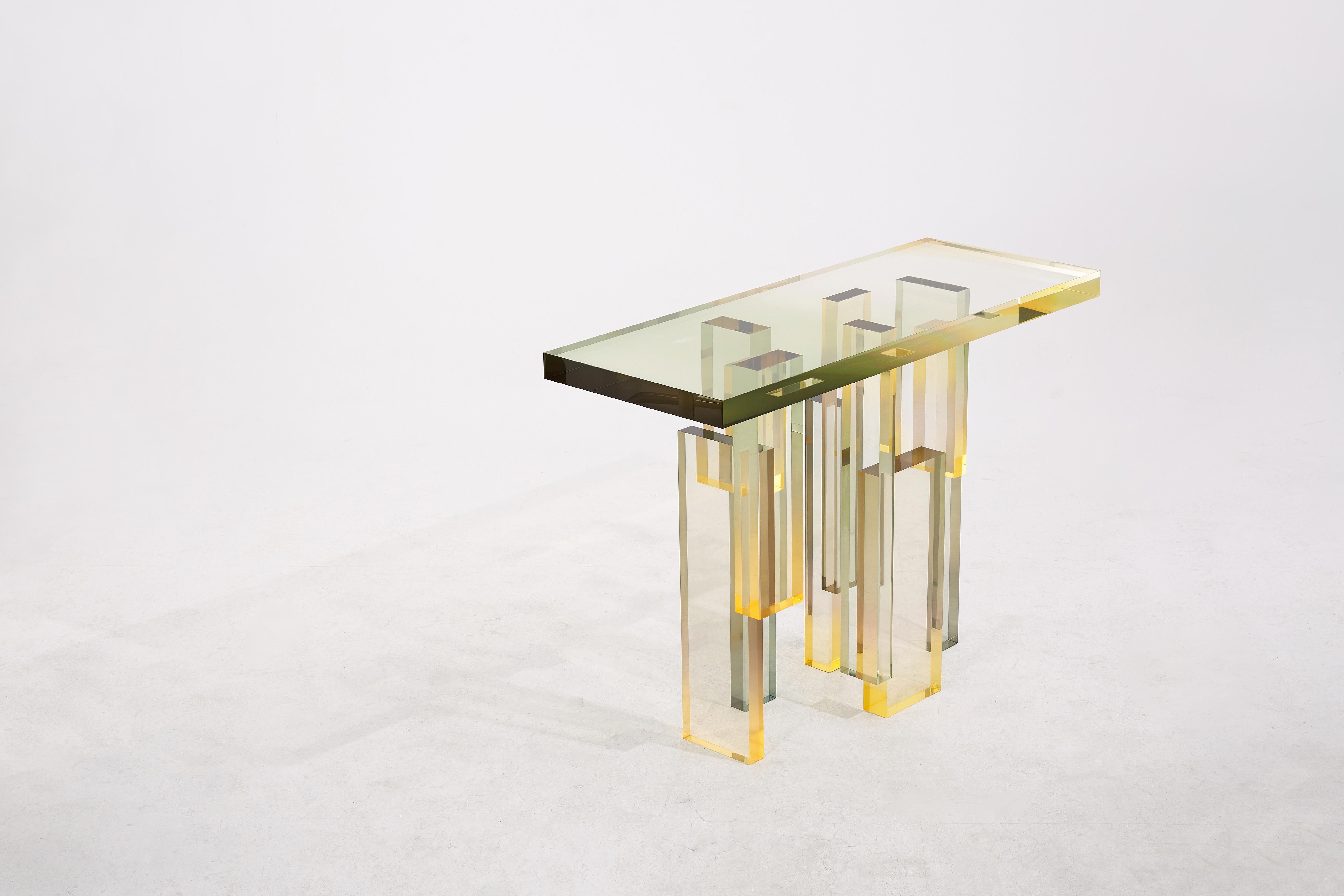 Console Table 02 by Saerom Yoon
Limited Edition No. 04 of 8 + 2AP
Dimensions: D 43 x W 110 x H 80 cm.
Materials: Acrylic.

My oldest childhood memories go back to the time I spent in the Philippines with my parents. The green mountains, the emerald