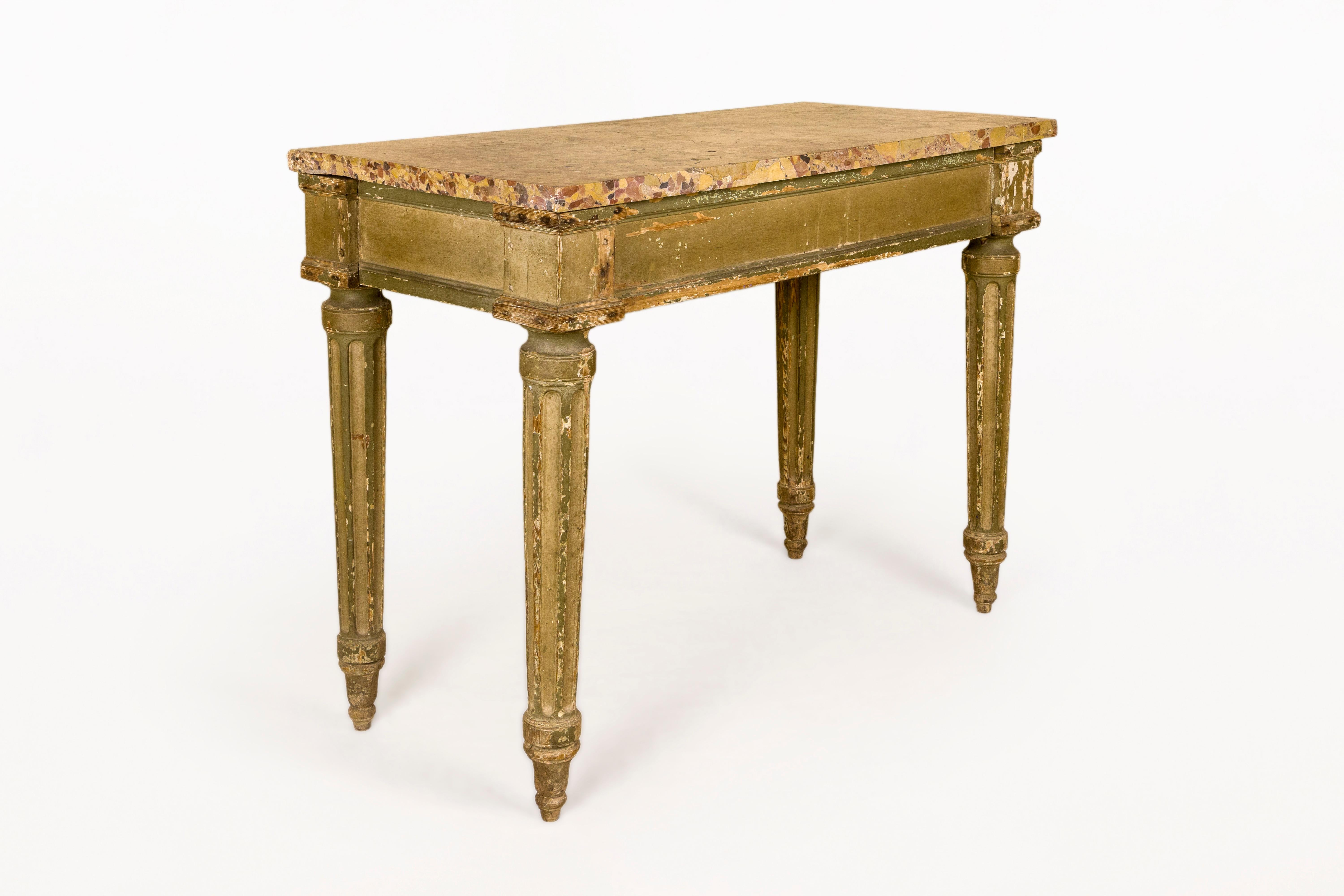 Console table.
Original paint.
Tholonet marble.
Provenance: Chateau in Provence, The South of France
18th Century, France.
Good vintage condition.
This Louis XVI Console Table is in its original, un-touched, nonrestored condition.
It is very