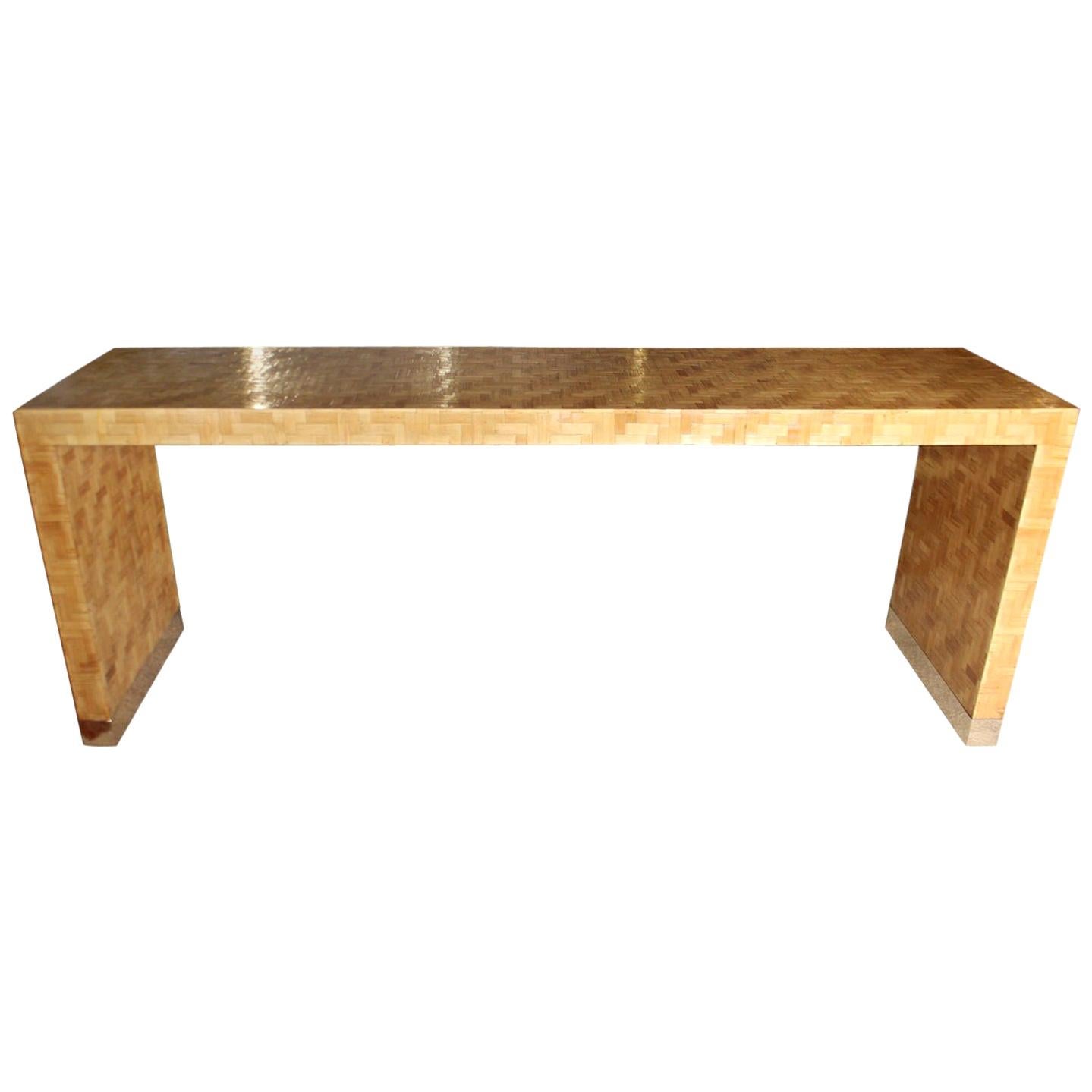 Console Table 1950s in Marqueterie Beech Wood Brass For Sale