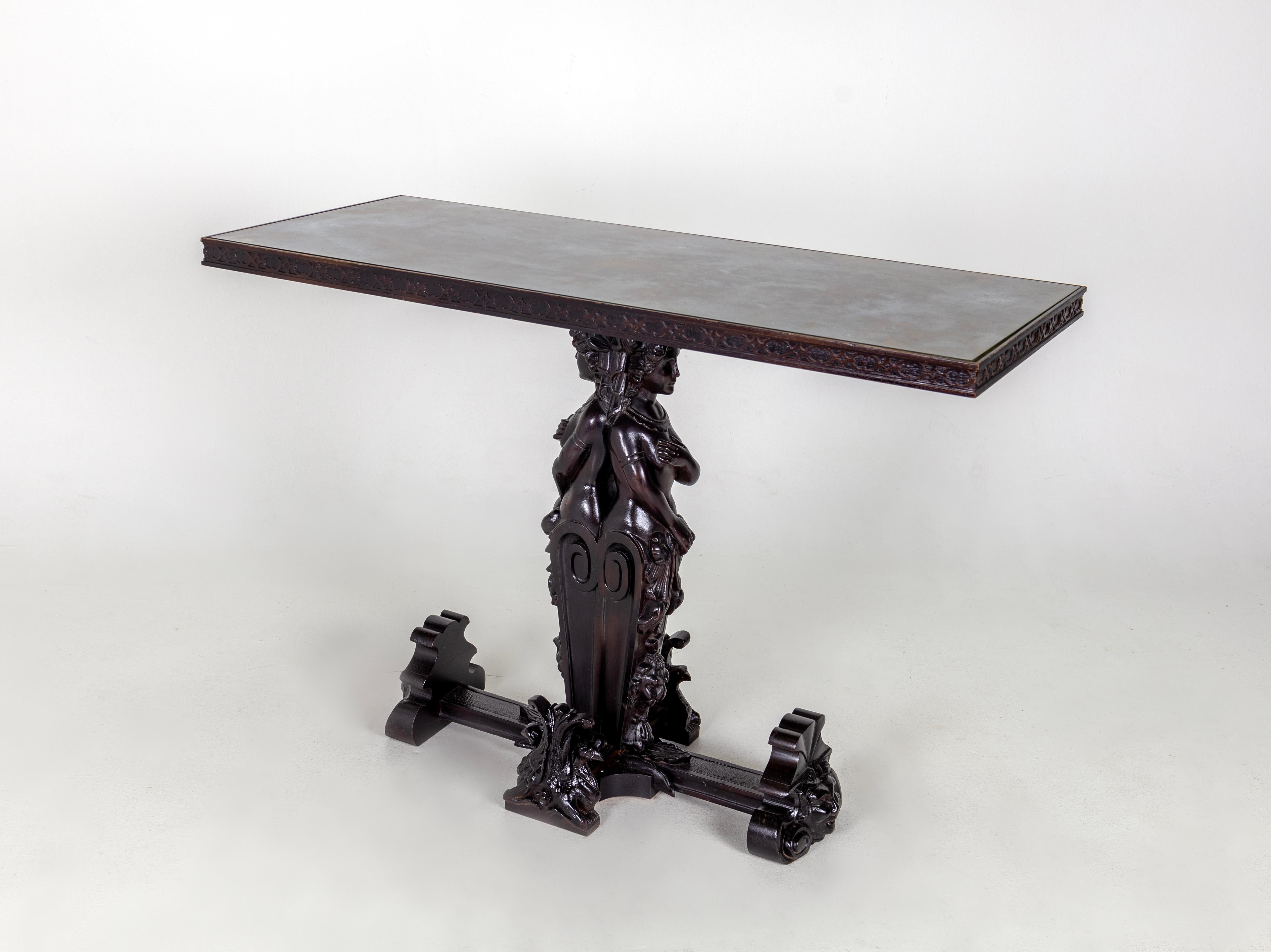American Console Table 1950s, Painted Glass and Carved Wood For Sale
