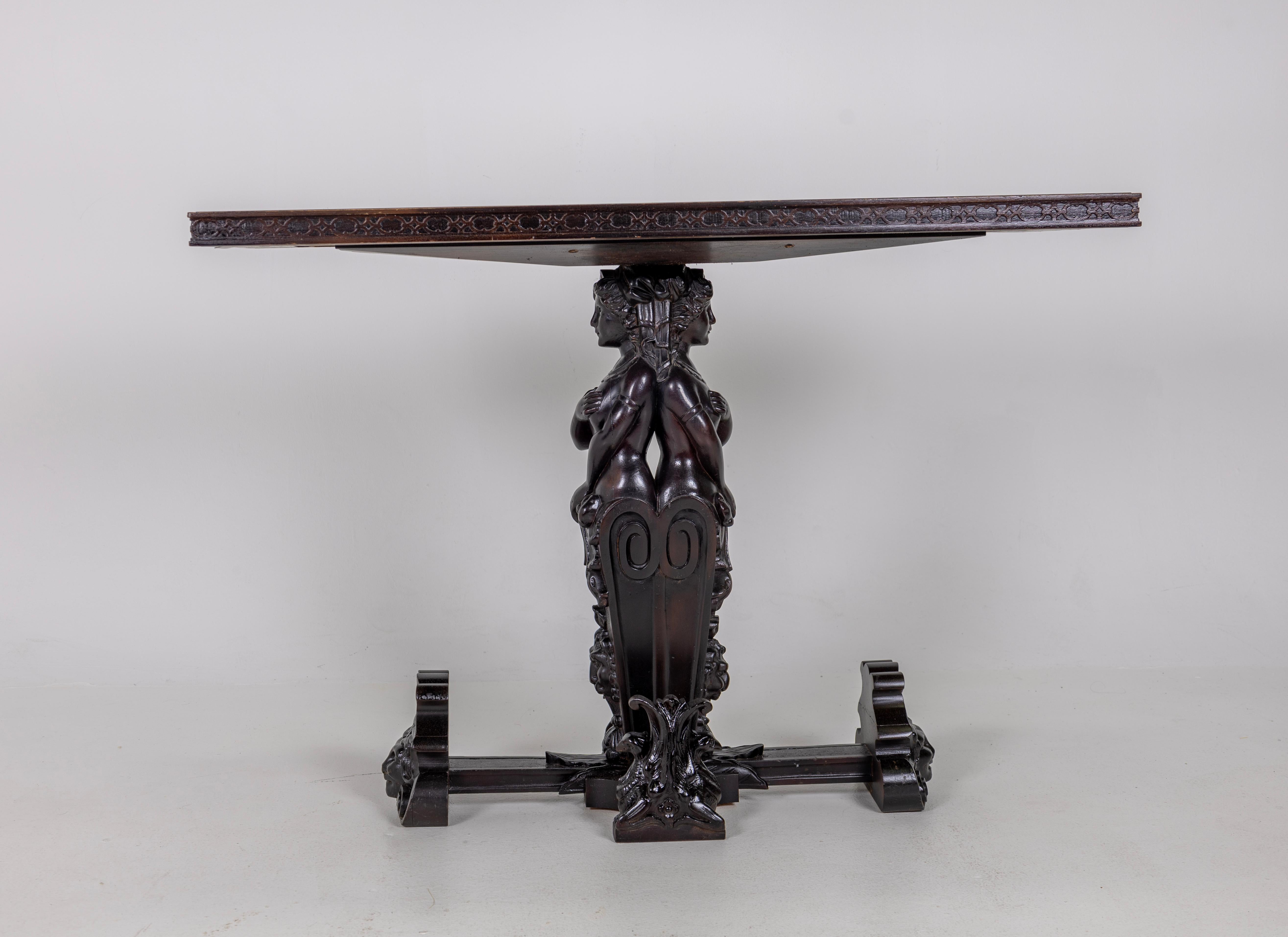 Console Table 1950s, Painted Glass and Carved Wood In Good Condition For Sale In Miami, FL