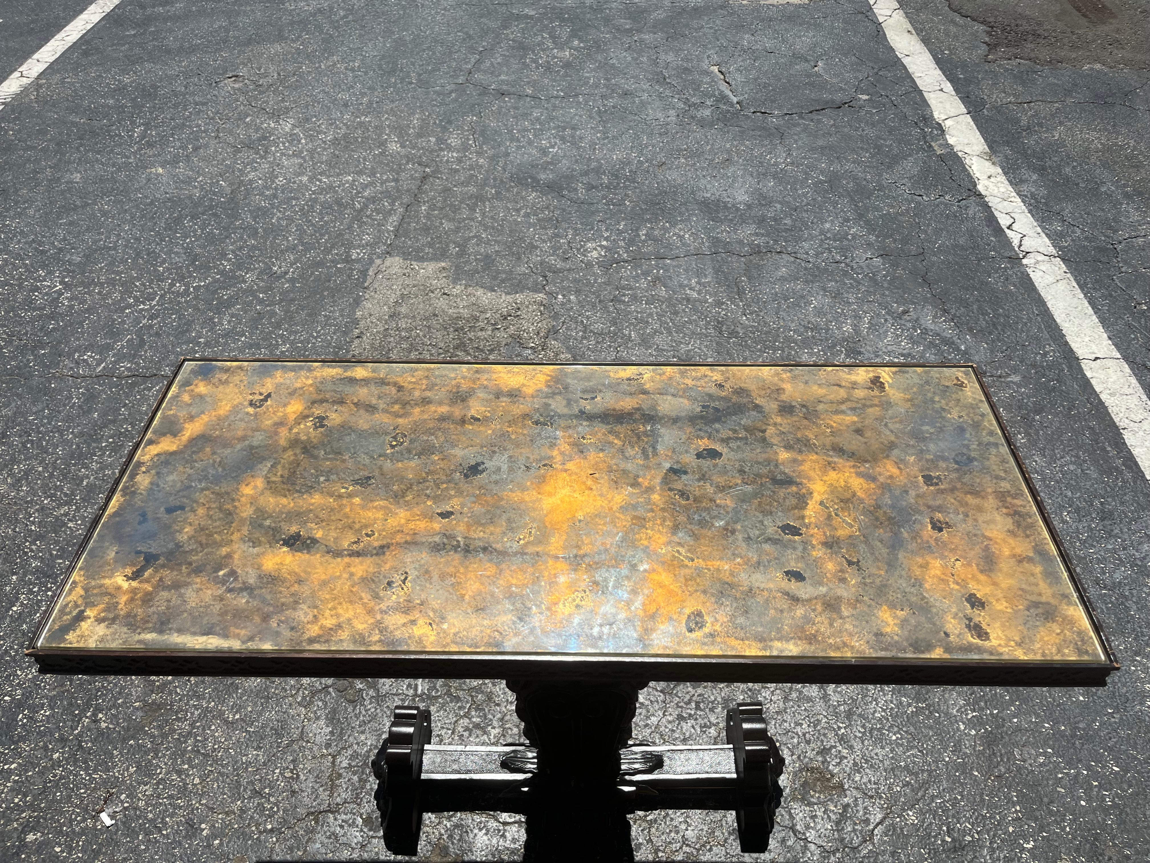 Console Table 1950s, Painted Glass and Carved Wood For Sale 1