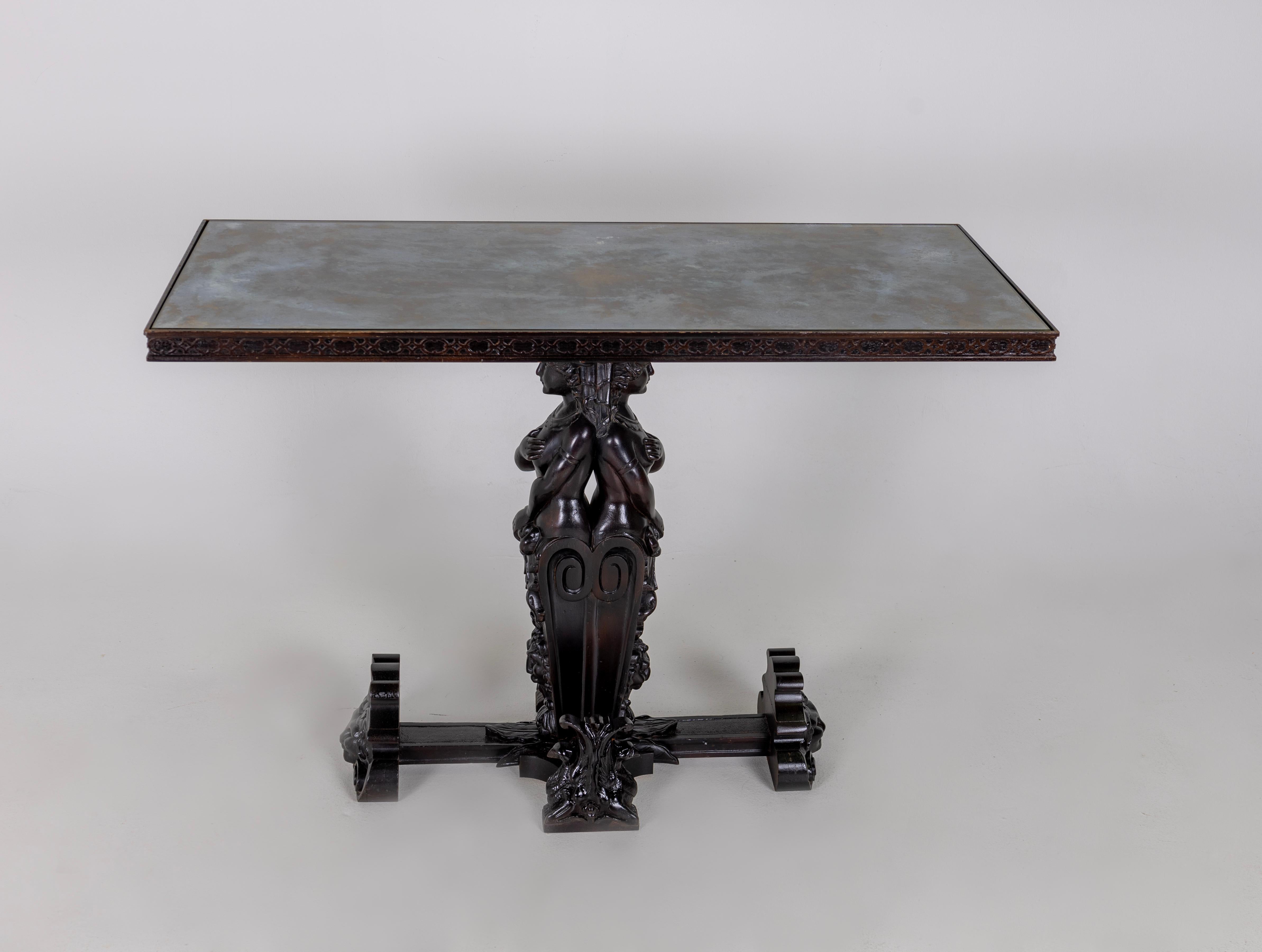 Console Table 1950s, Painted Glass and Carved Wood For Sale 2