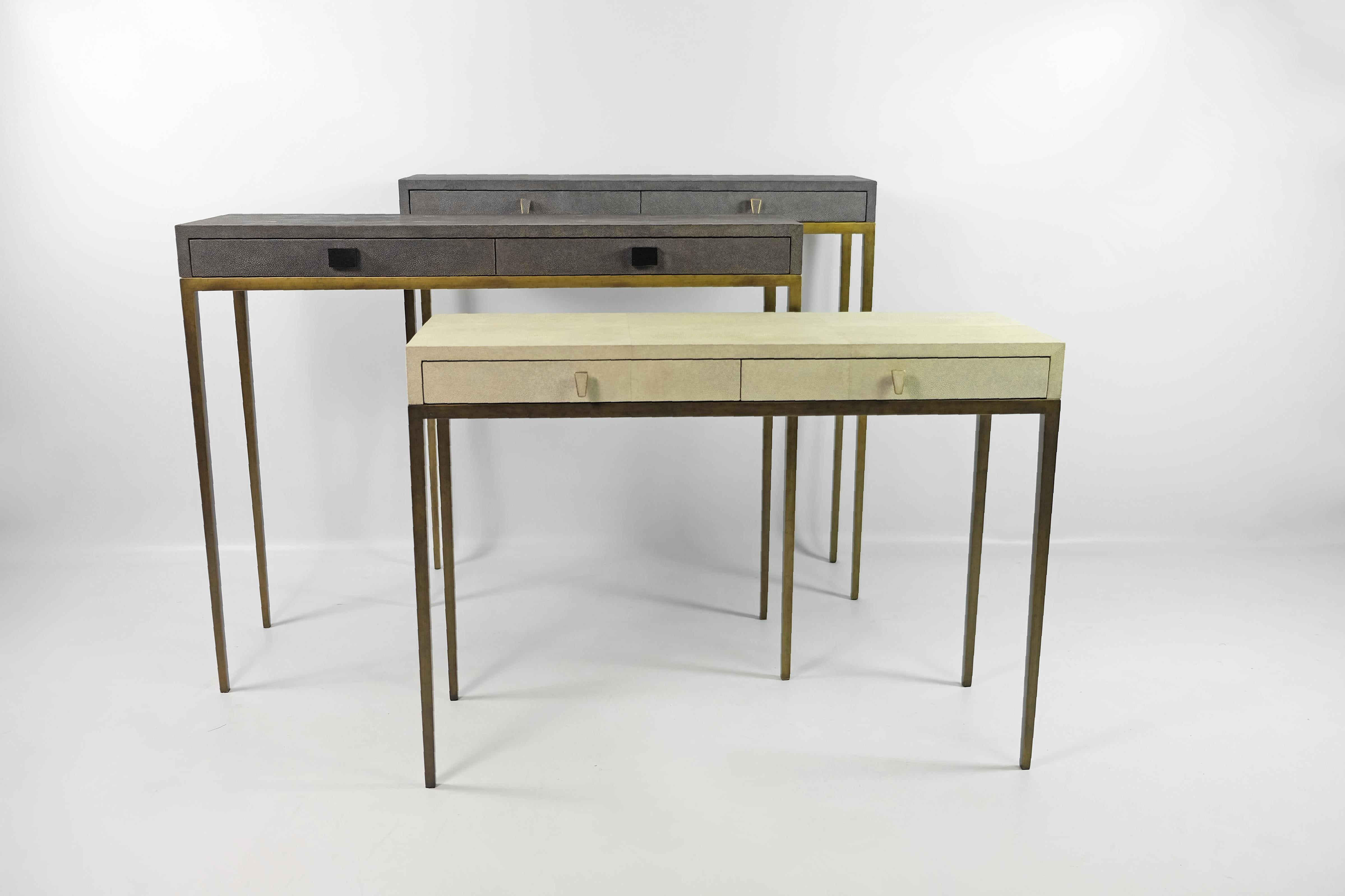 Hand-Crafted Console Table '2 drawers' in Black Shagreen by Ginger Brown For Sale