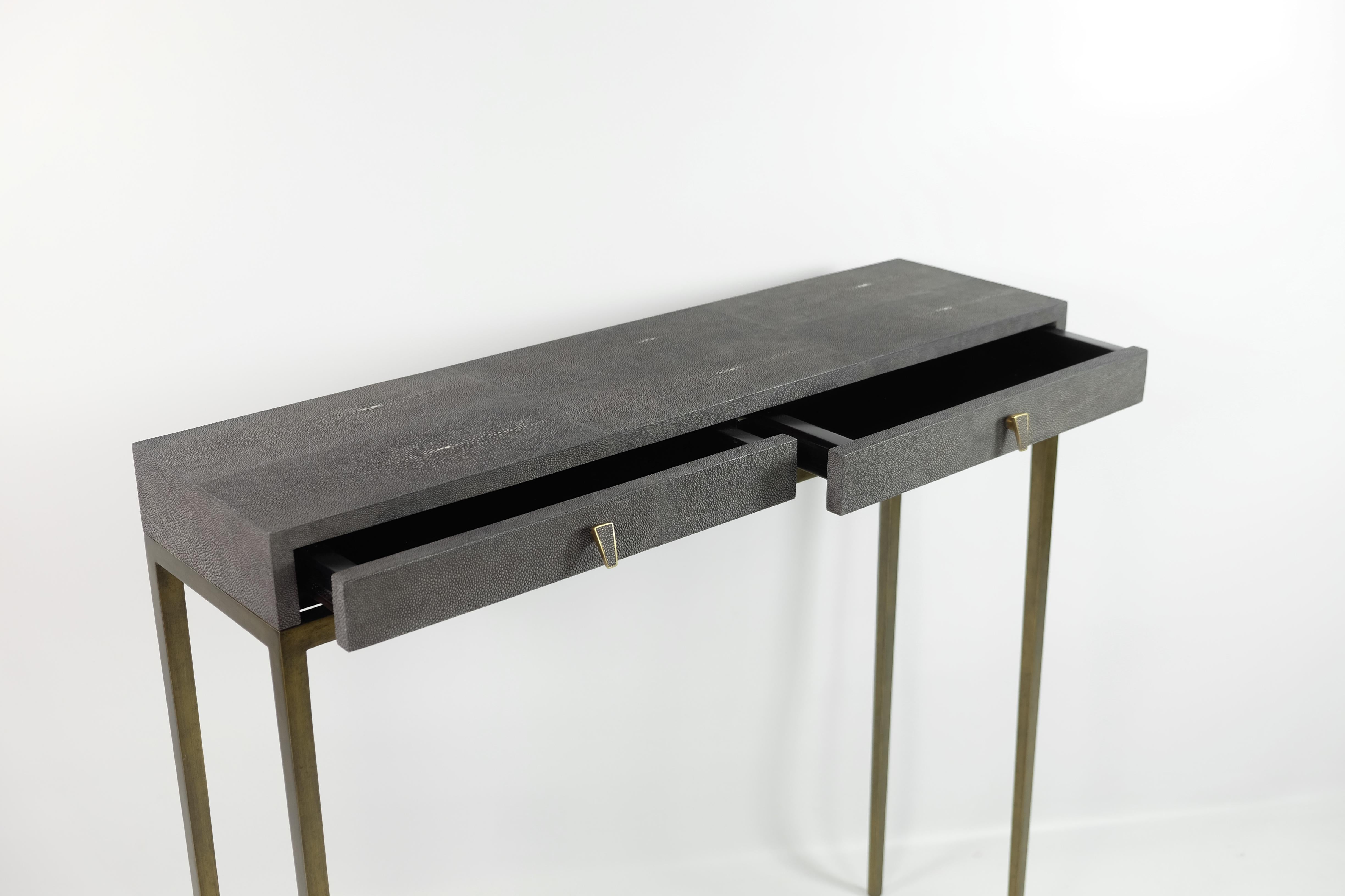 Metal Console Table '2 drawers' in Black Shagreen by Ginger Brown For Sale