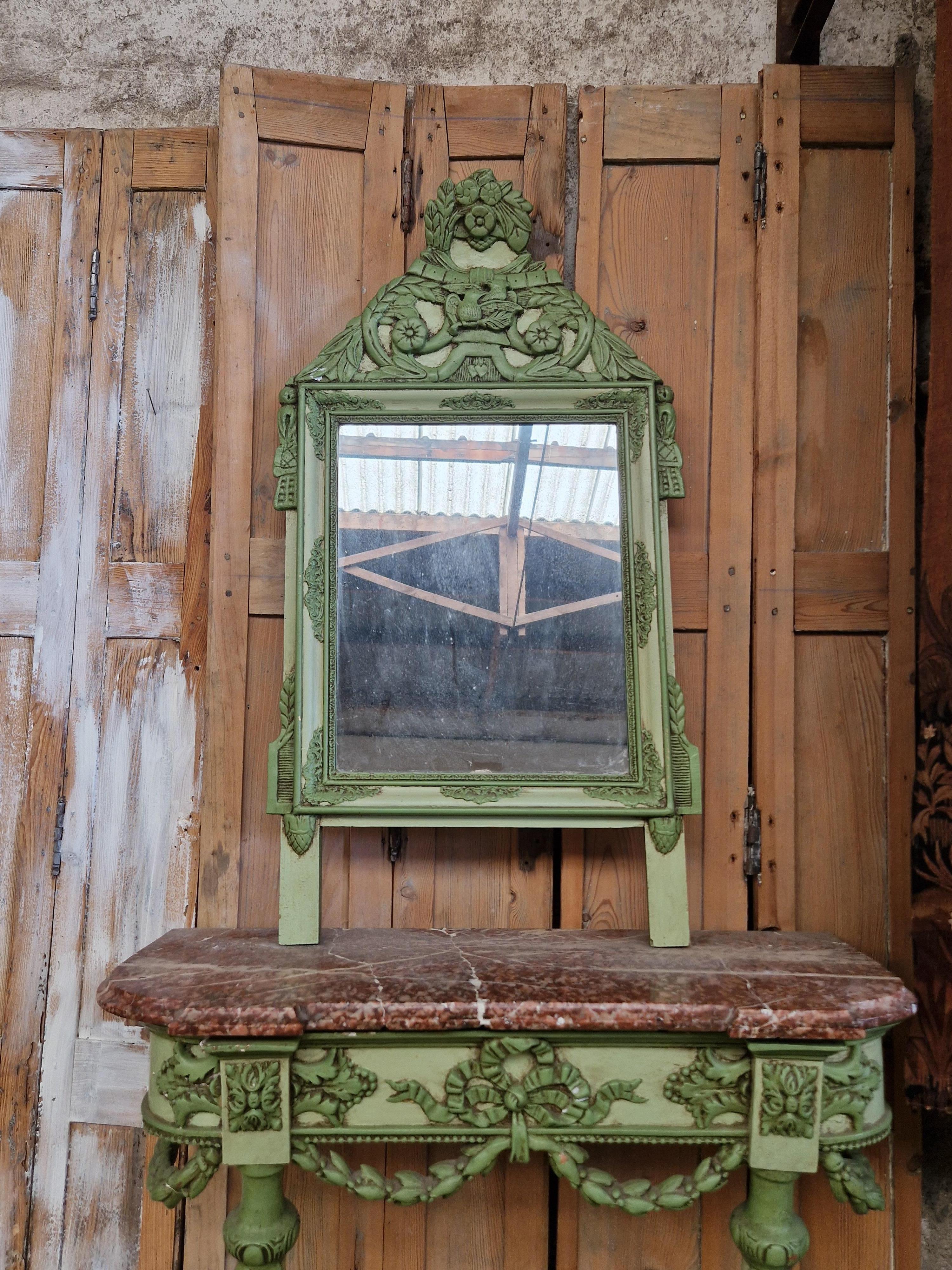 Hand-Carved 19th Century Console Table and Mirror French Green Louis XVI For Sale