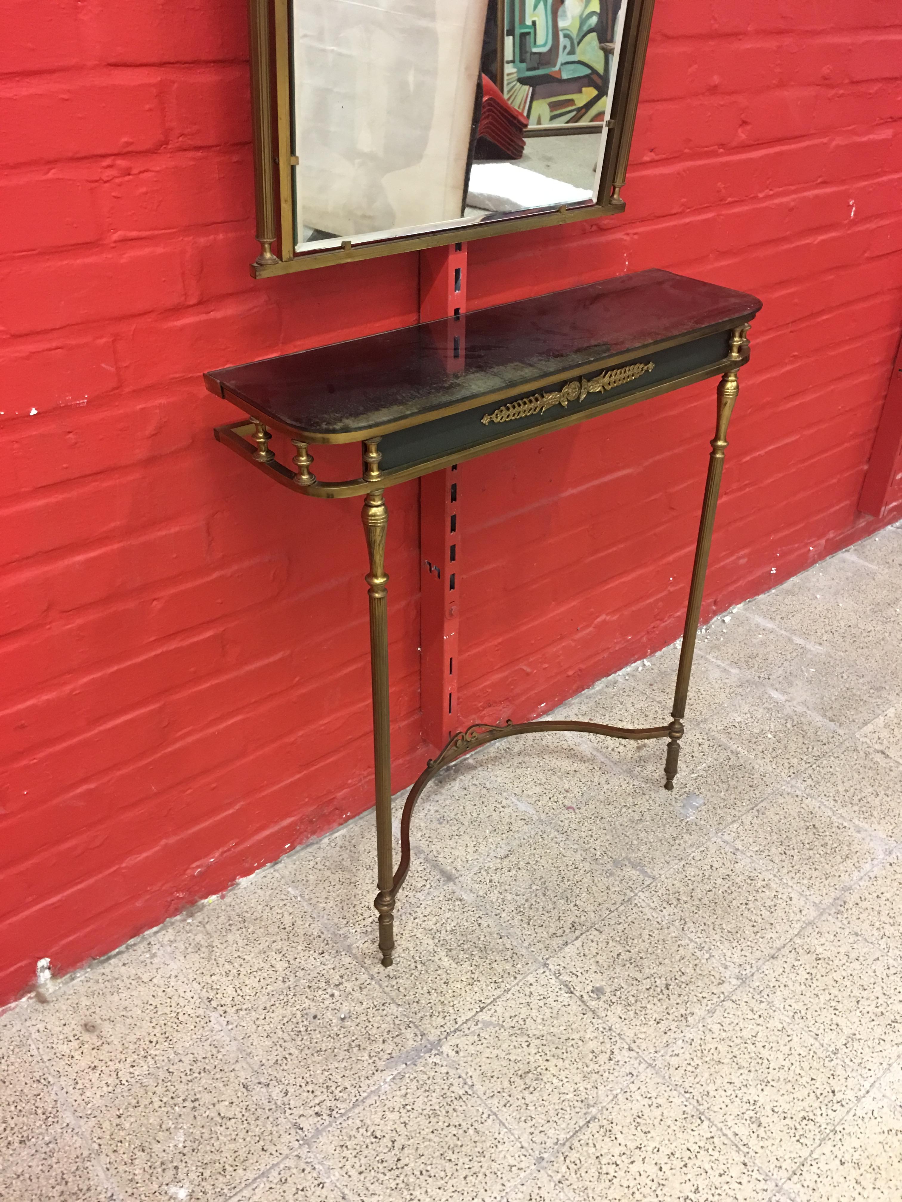 Mid-Century Modern Console Table and Mirror in Brass and Lacquered Metal, circa 1950-1960 For Sale