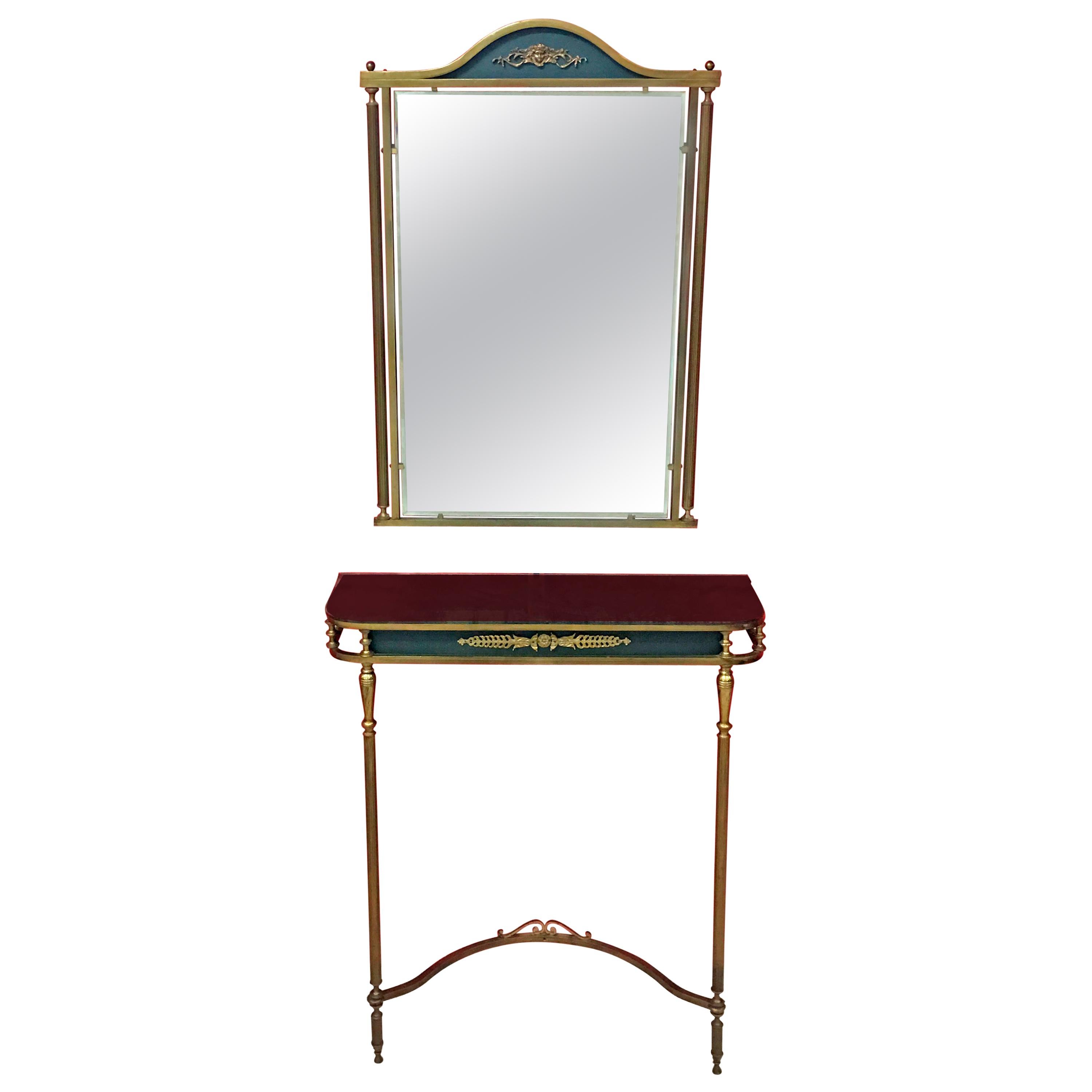 Console Table and Mirror in Brass and Lacquered Metal, circa 1950-1960 For Sale