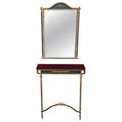 Console Table and Mirror in Brass and Lacquered Metal, circa 1950-1960