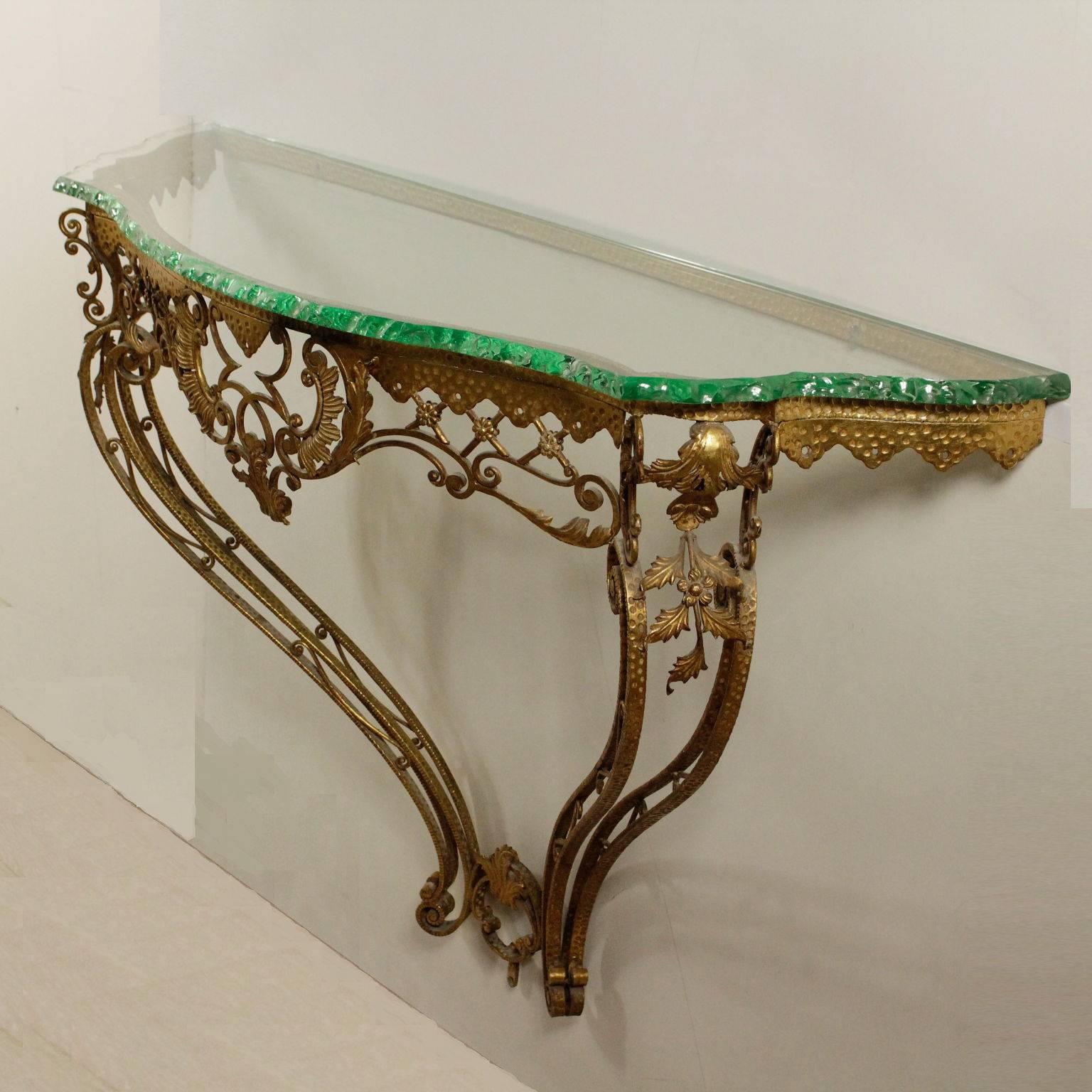 Italian Console Table Brass-Plated Crystal Vintage, Italy, 1950s