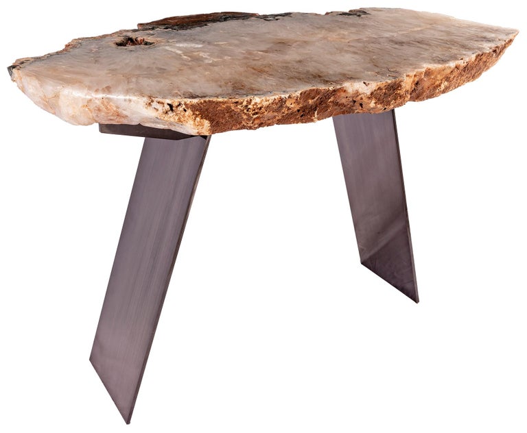 Rectangular Console Table, Natural Brazilian Quartz with Metal Base For