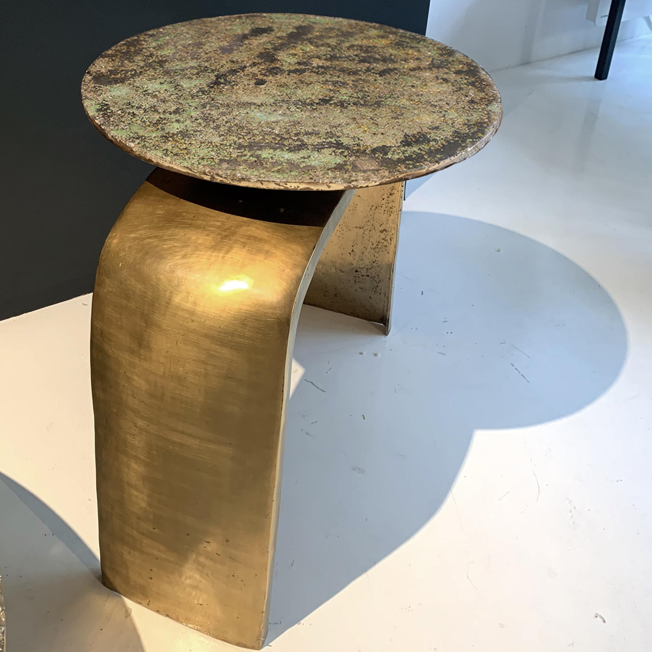 Bronze legs made to order, with desired patina finish. Top in stock: This contemporary table is a unique piece, created by Xavier Lavergne and made of melted pewter with Venice Murano glass, embedded in resin and polished like a marble. The table