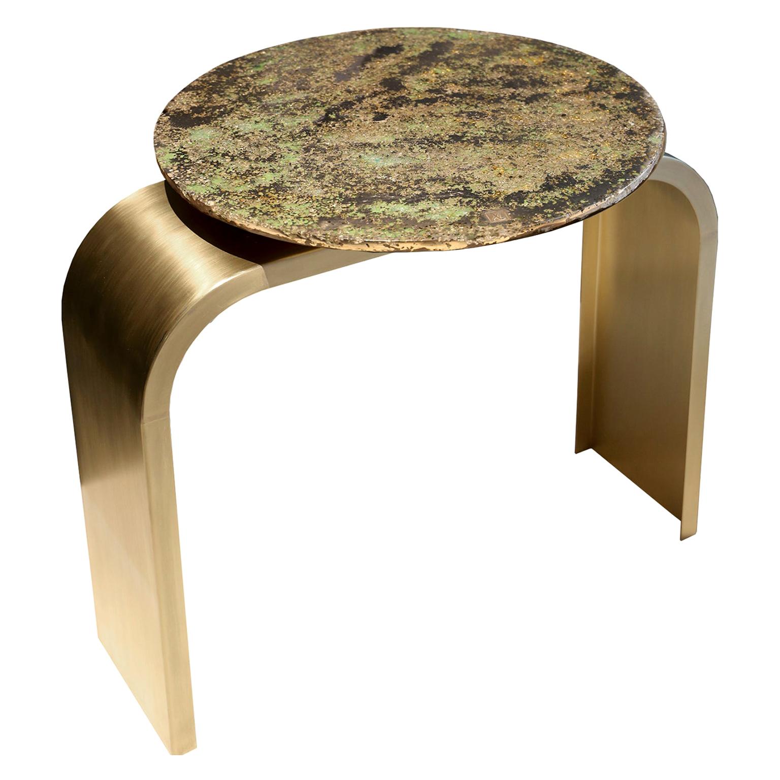 Table console "Vertes pattes de pont":: étain fondu:: verre de Murano:: résine de cristal