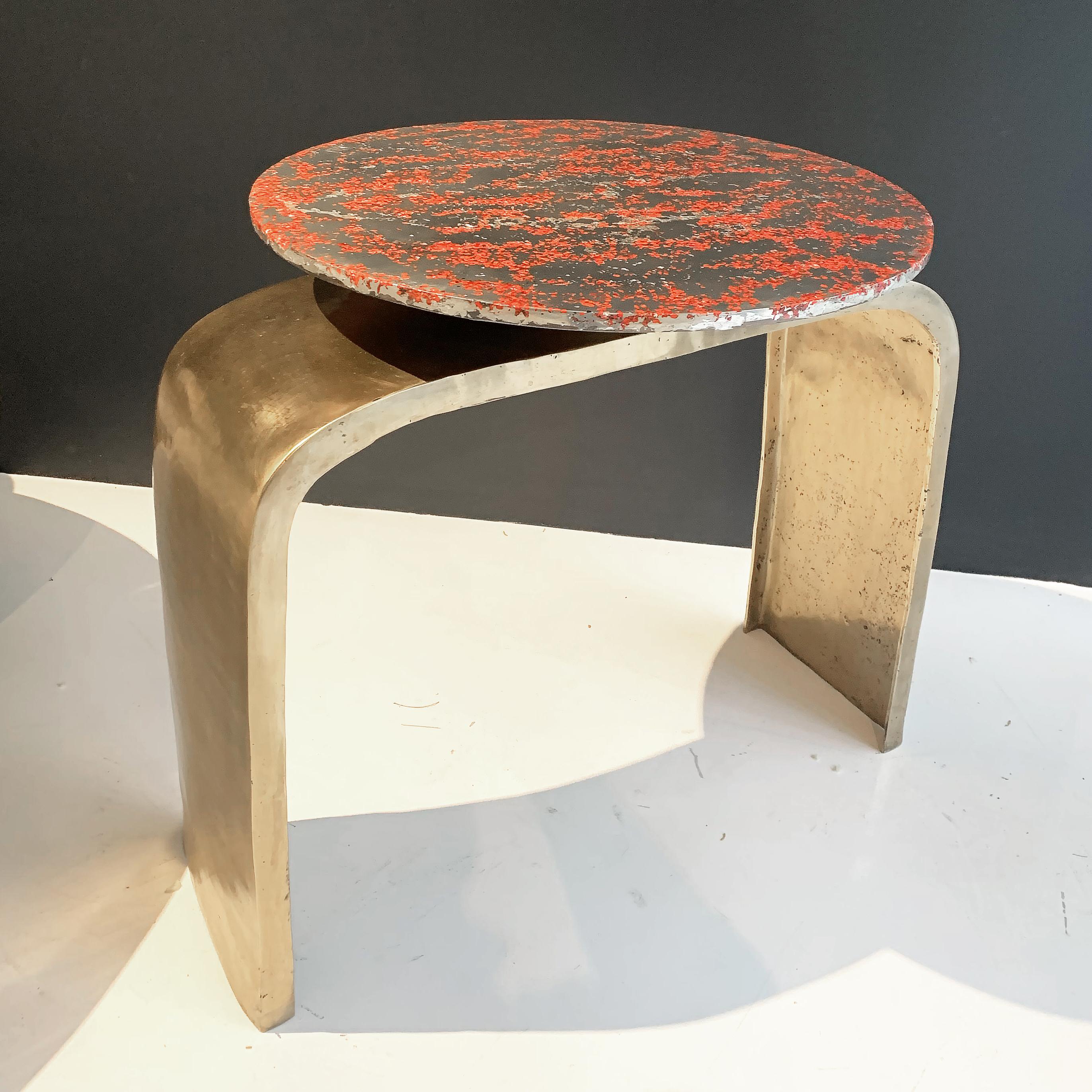 Bronze legs made to order, with desired patina finish. Top in stock: This contemporary table is a unique piece, created by Xavier Lavergne and made of melted pewter with Venice Murano glass, embedded in resin and polished like a marble. The table