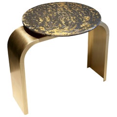 Console-Table "Bridge legs Sun", Melted Pewter, Brass Grains, Crystal Resin