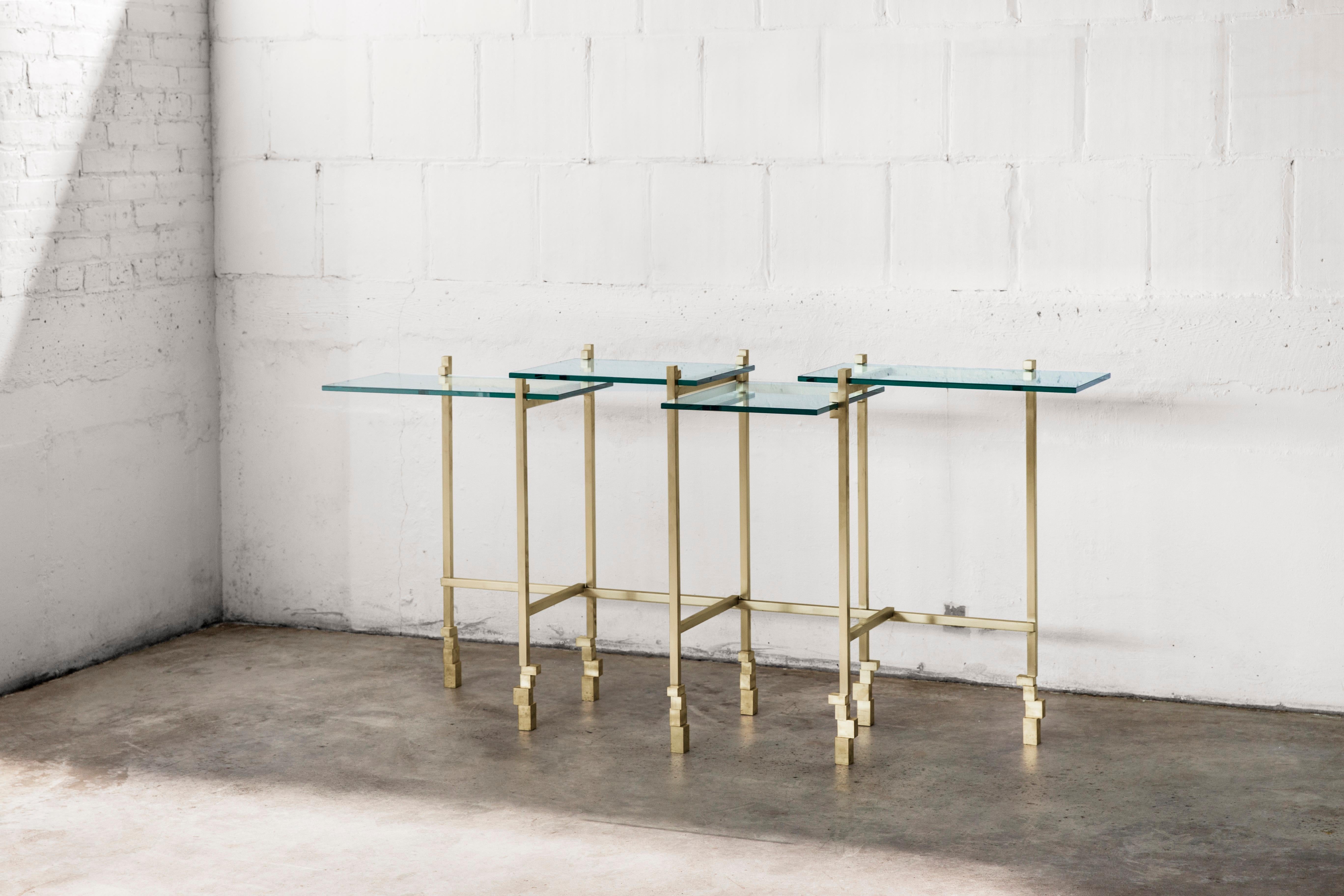 Console table by Gentner Design
Dimensions: D 177.8 x W 37.5 x H 85 cm
Materials: brass, glass

Part of Christopher Gentner's 2018 Fraction Collection, the console table combines multi-leveled glass surface with a brass structure that is punctuated