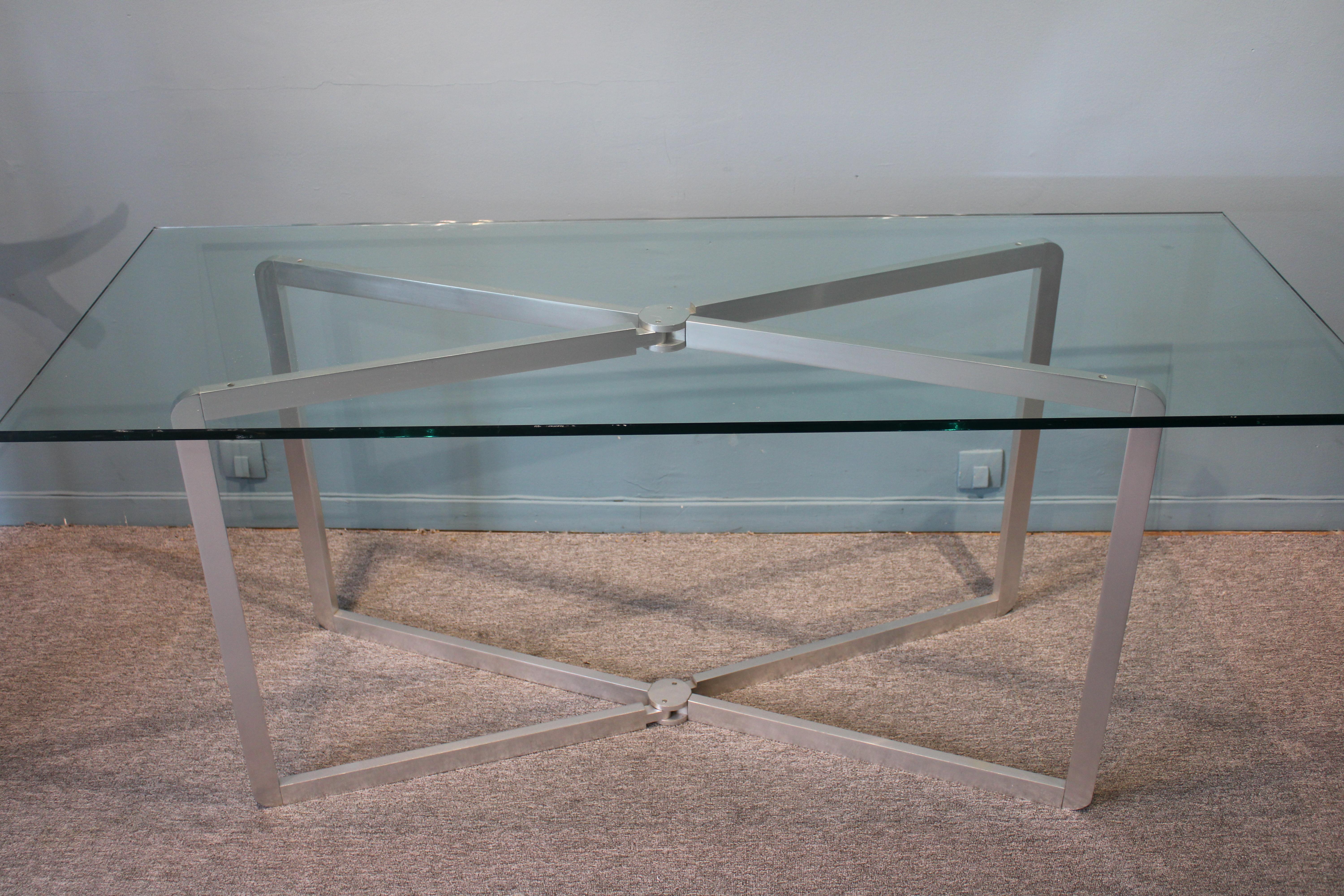 Vintage console table by Michel Boyer, circa 1968. 
Aluminum swivel base, glass top.