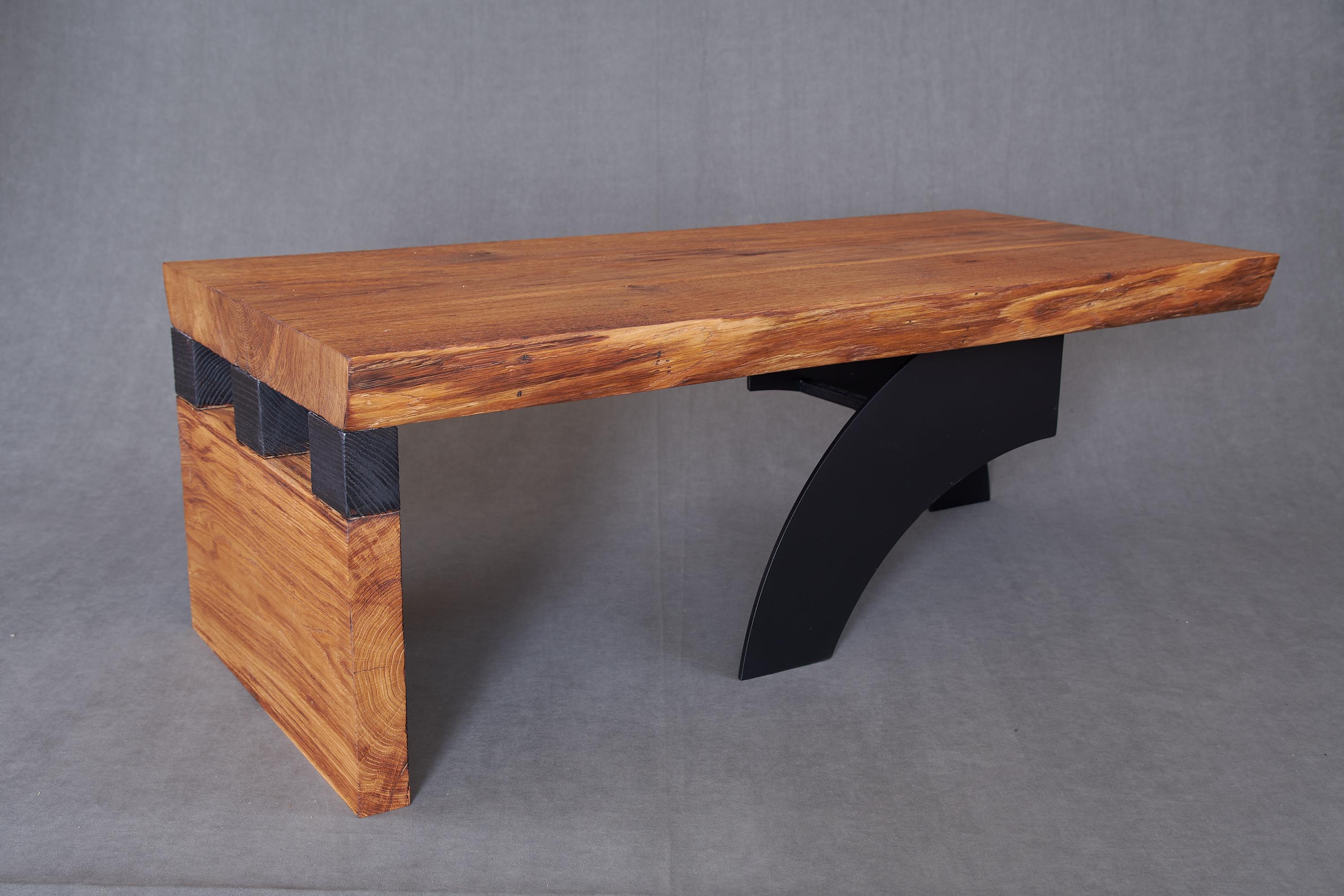 Dining table in contemporary style, made from massive oak in combination with steel, protected with the highest quality oils, ensuring durability for generations. Such unique handmade design will highlight your interior and bring comfort to your