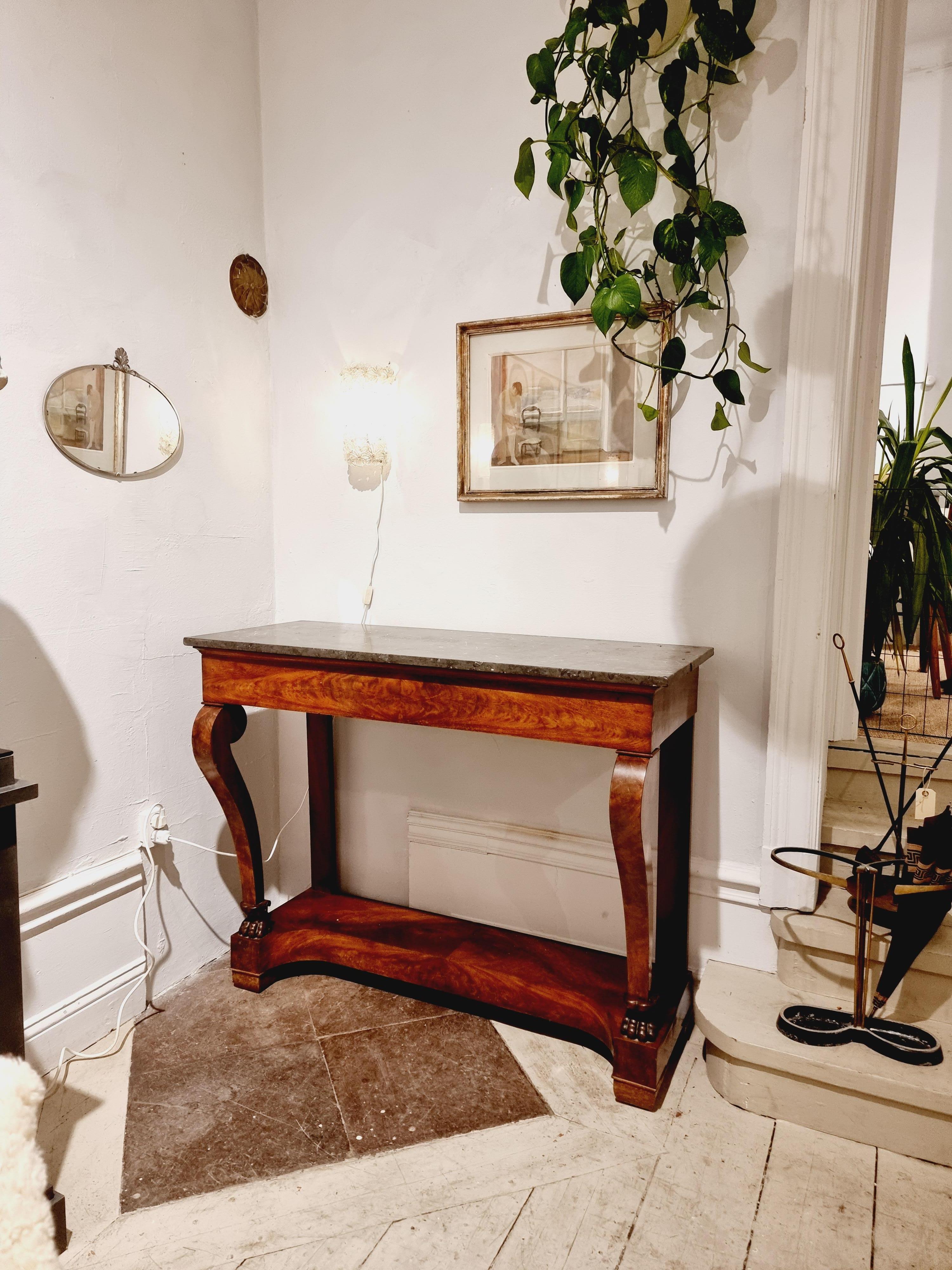French Console table, Empire / 19th Century, grey St. Anne marble top and lion paws For Sale