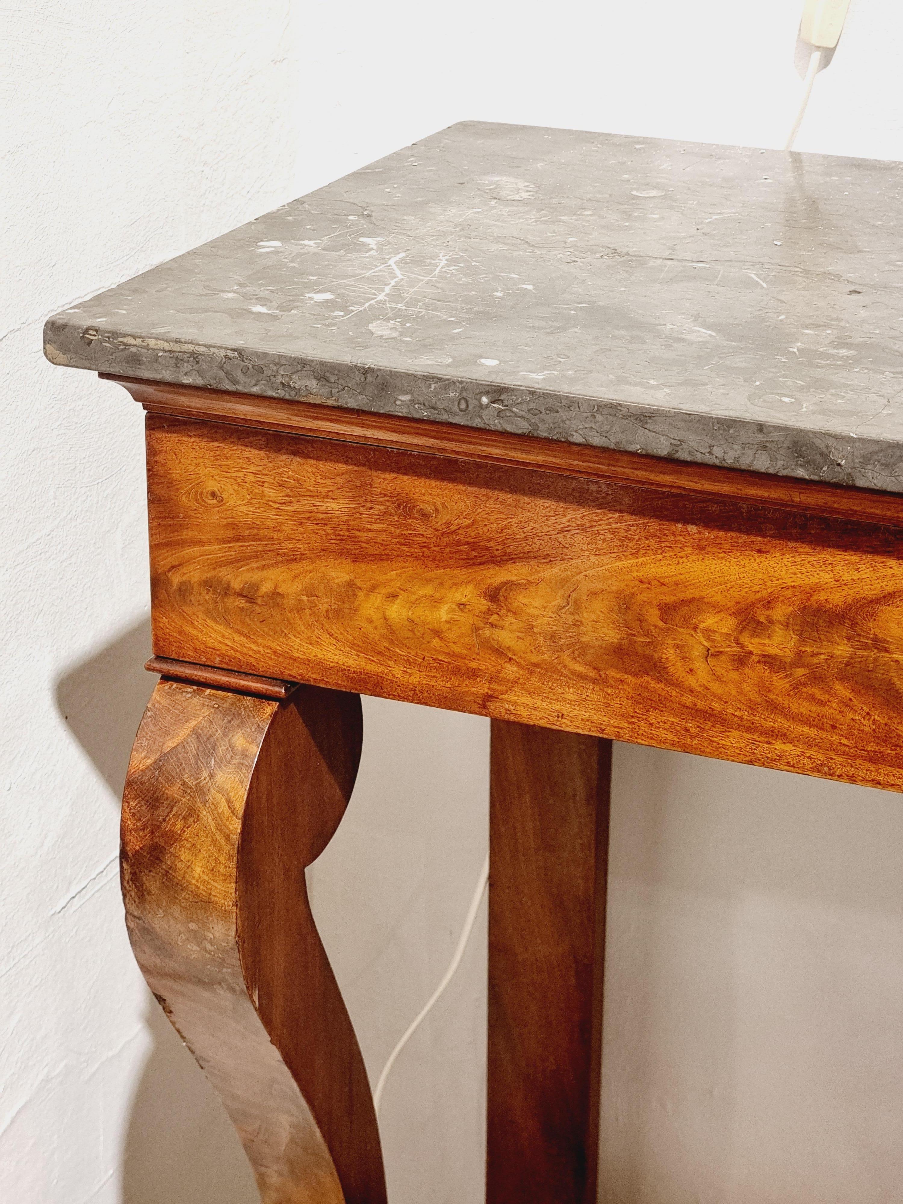Stone Console table, Empire / 19th Century, grey St. Anne marble top and lion paws For Sale