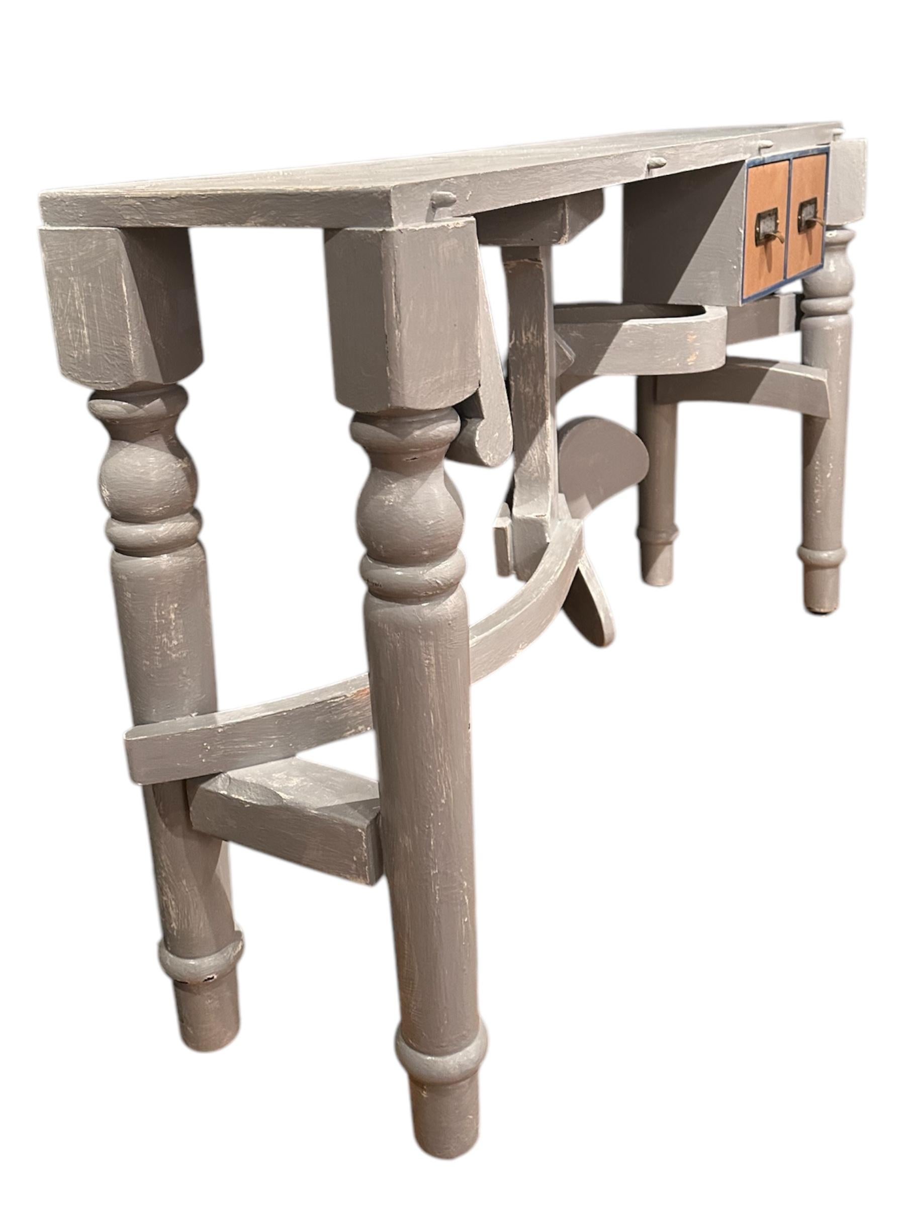 American Console Table/Entry Table with Two Drawers, Created From Salvaged Wood Parts For Sale