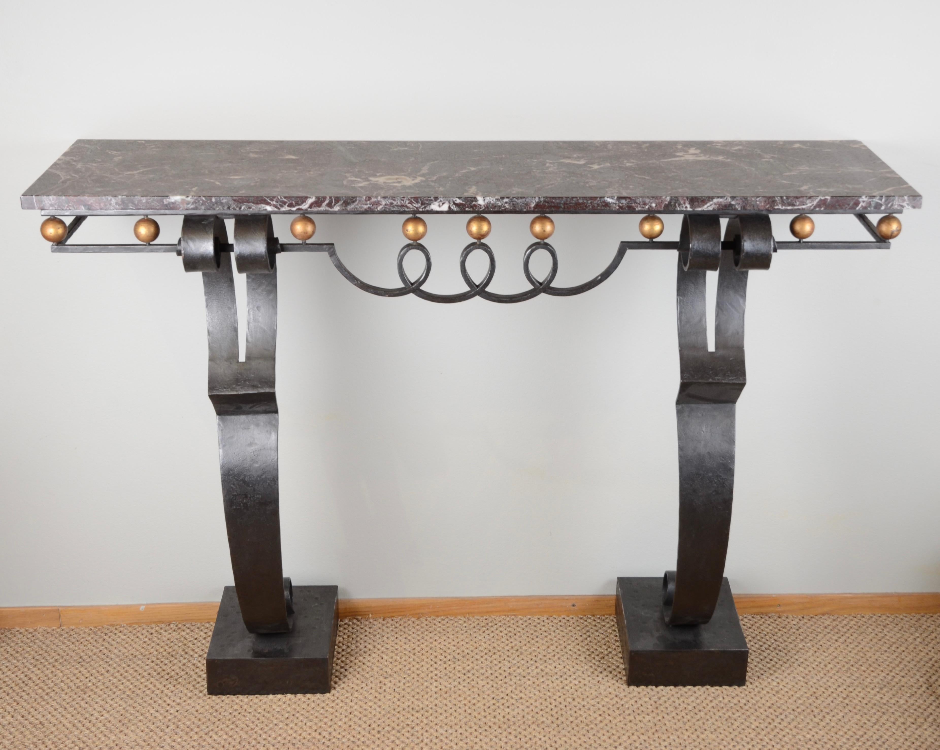French console table, iron with marble top, 1920s-1930s.