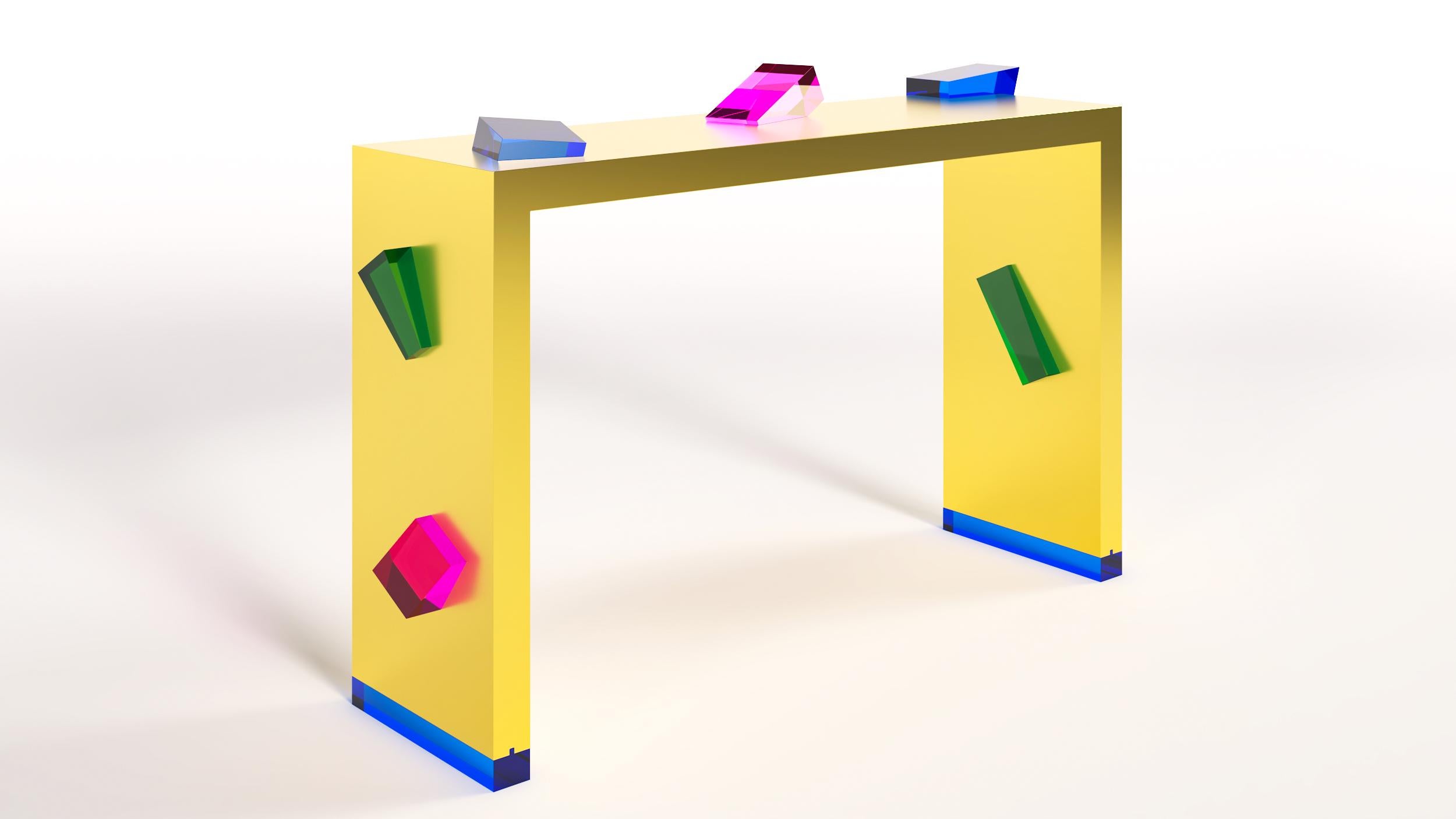 Future Pyrite console table handmade with brass structure and colored plexiglass inserts. The console is designed by Studio Superego for Superego Editions.

Biography
Superego editions was born in 2006, performing a constant activity of research in