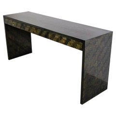Console Table Green Bamboo Marquetry and Brass by Dal Vera, Italy, 1970s