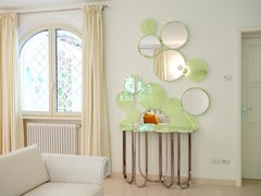 Console Table Green Onyx Marble, Wall Mirror, Steel Rings Collectible Design