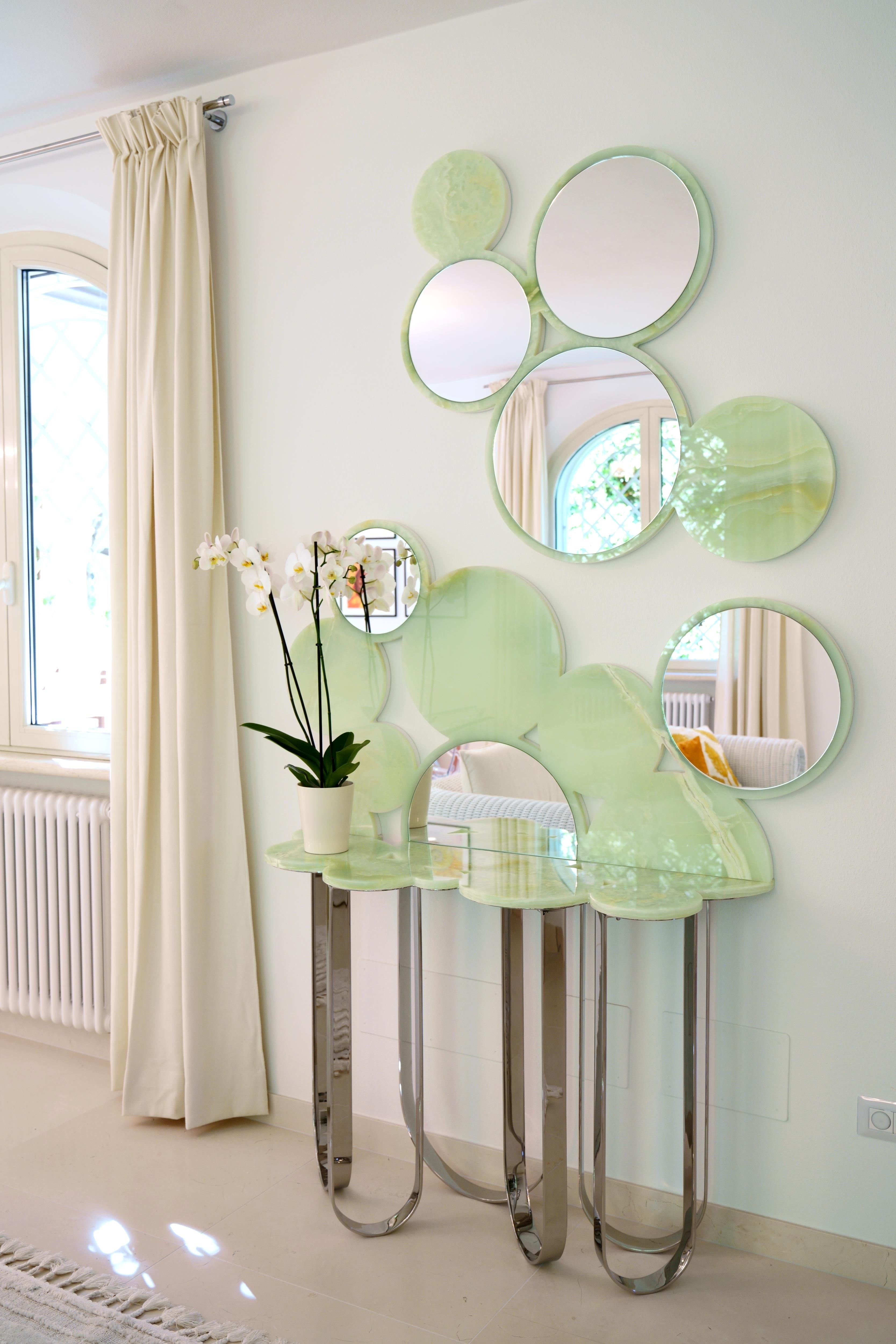 Modern Console Table Green Onyx Marble, Wall Mirror, Steel Rings Collectible Design For Sale