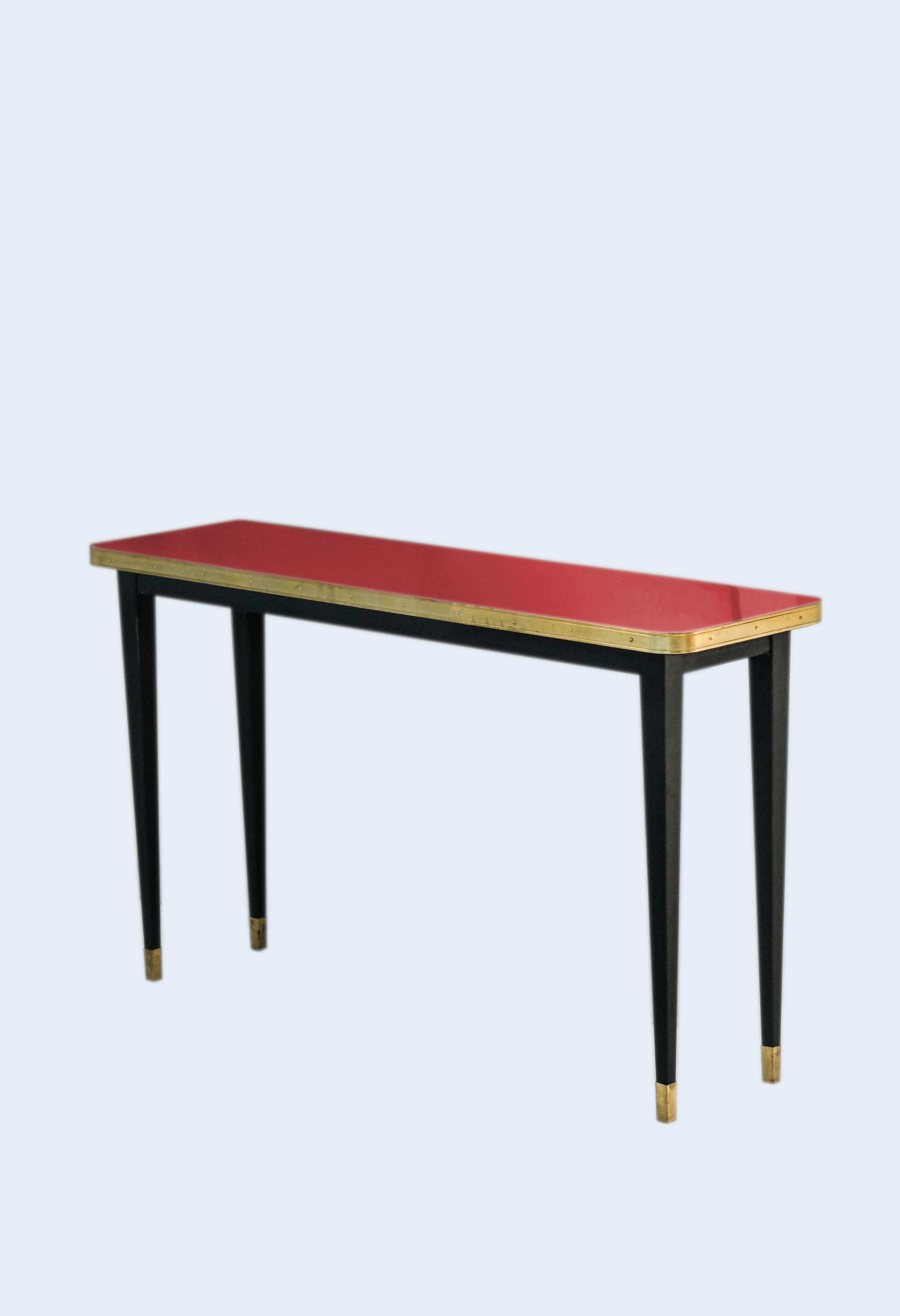 Console Table, High Gloss Laminate & Brass Details, Burgundy - L For Sale 11