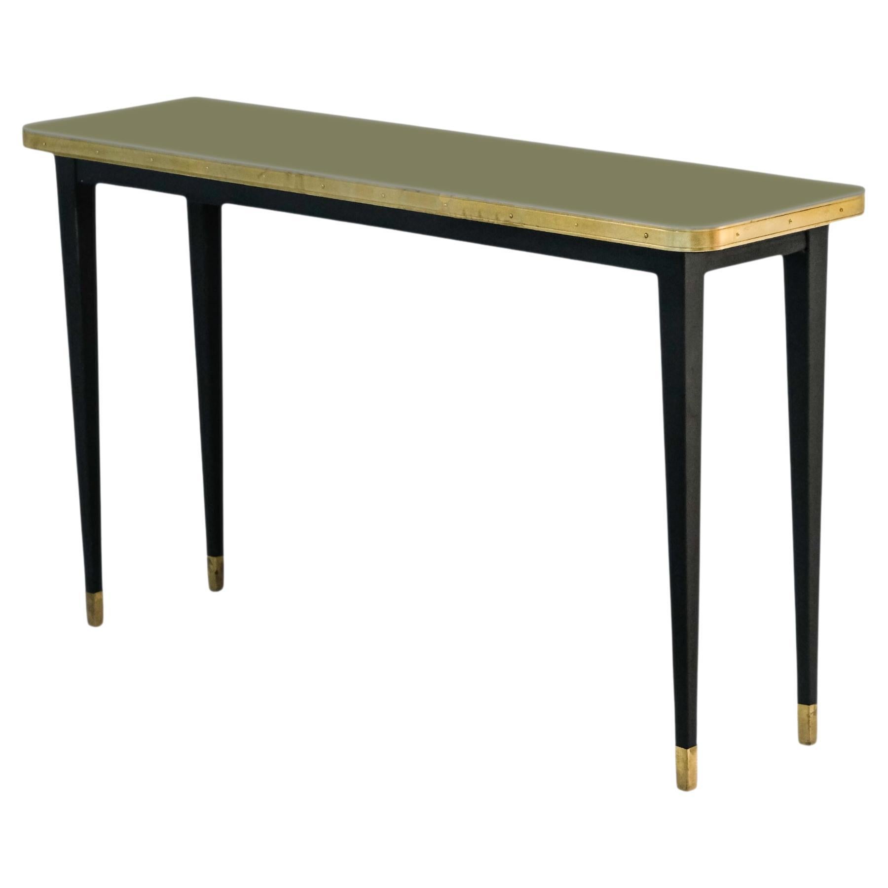 Mid-Century Modern Console Table, High Gloss Laminate & Brass Details, Burgundy - L For Sale