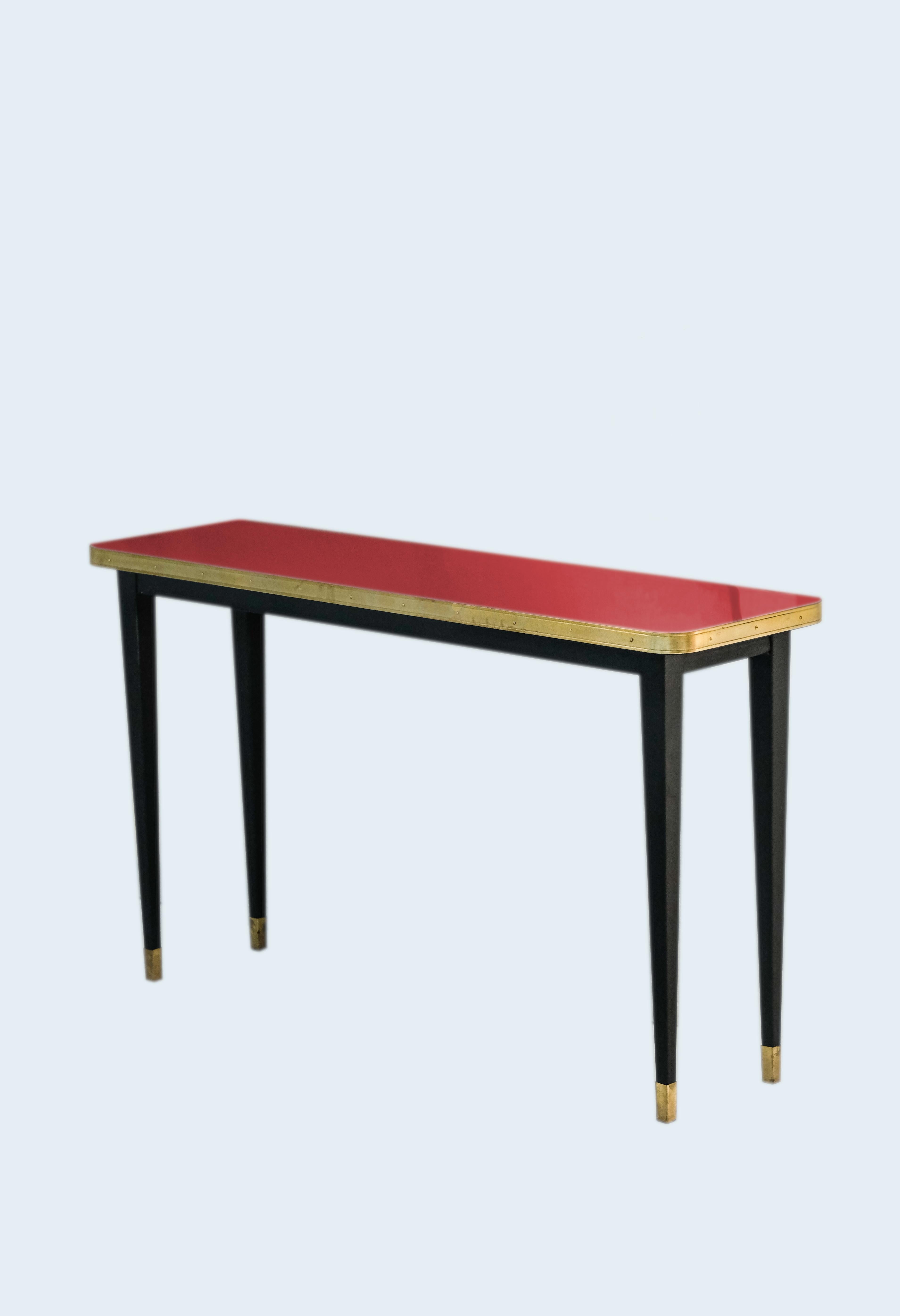 Console Table, High Gloss Laminate & Brass Details, Burgundy - M For Sale 11