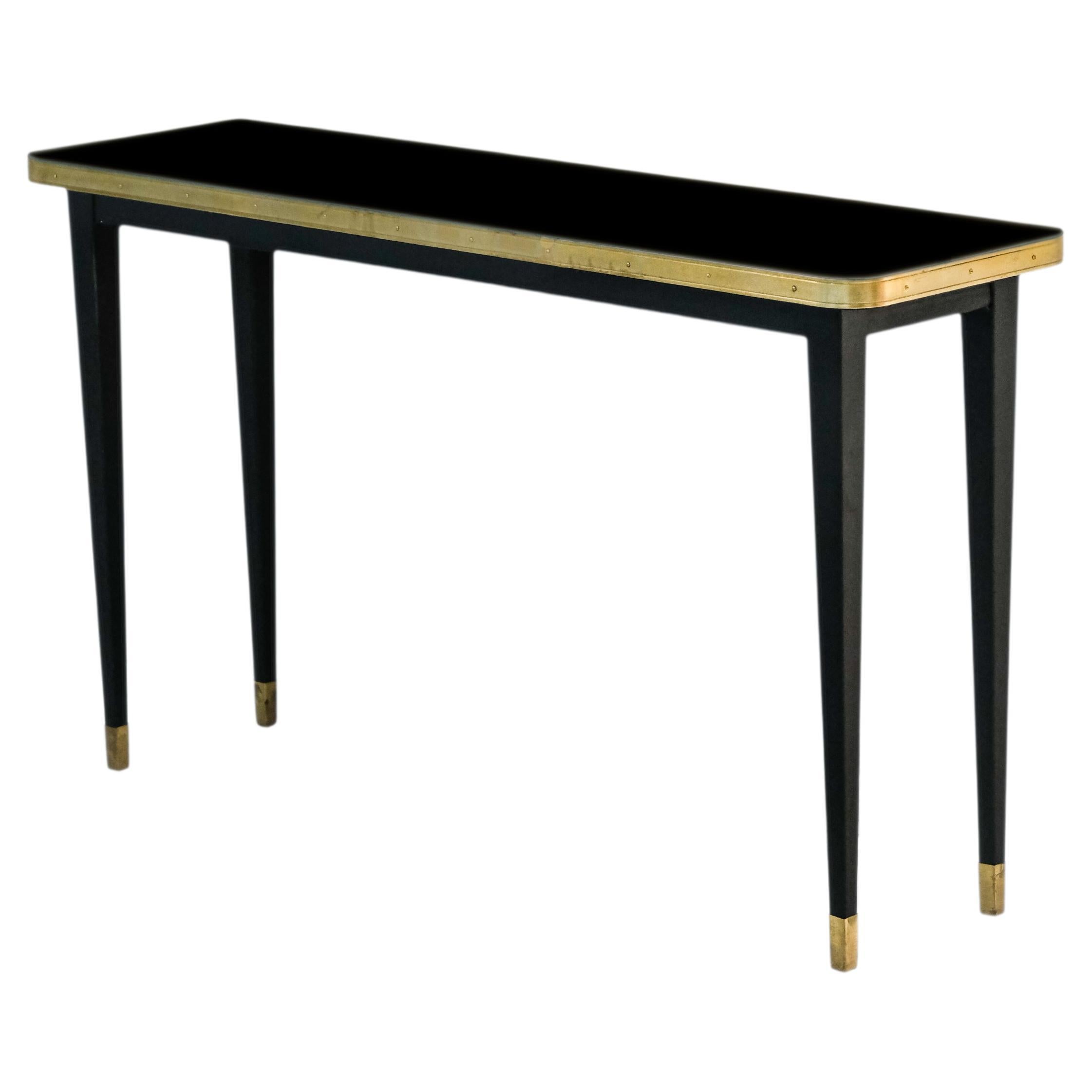 Console Table, High Gloss Laminate & Brass Details, Diamond Black - L For Sale