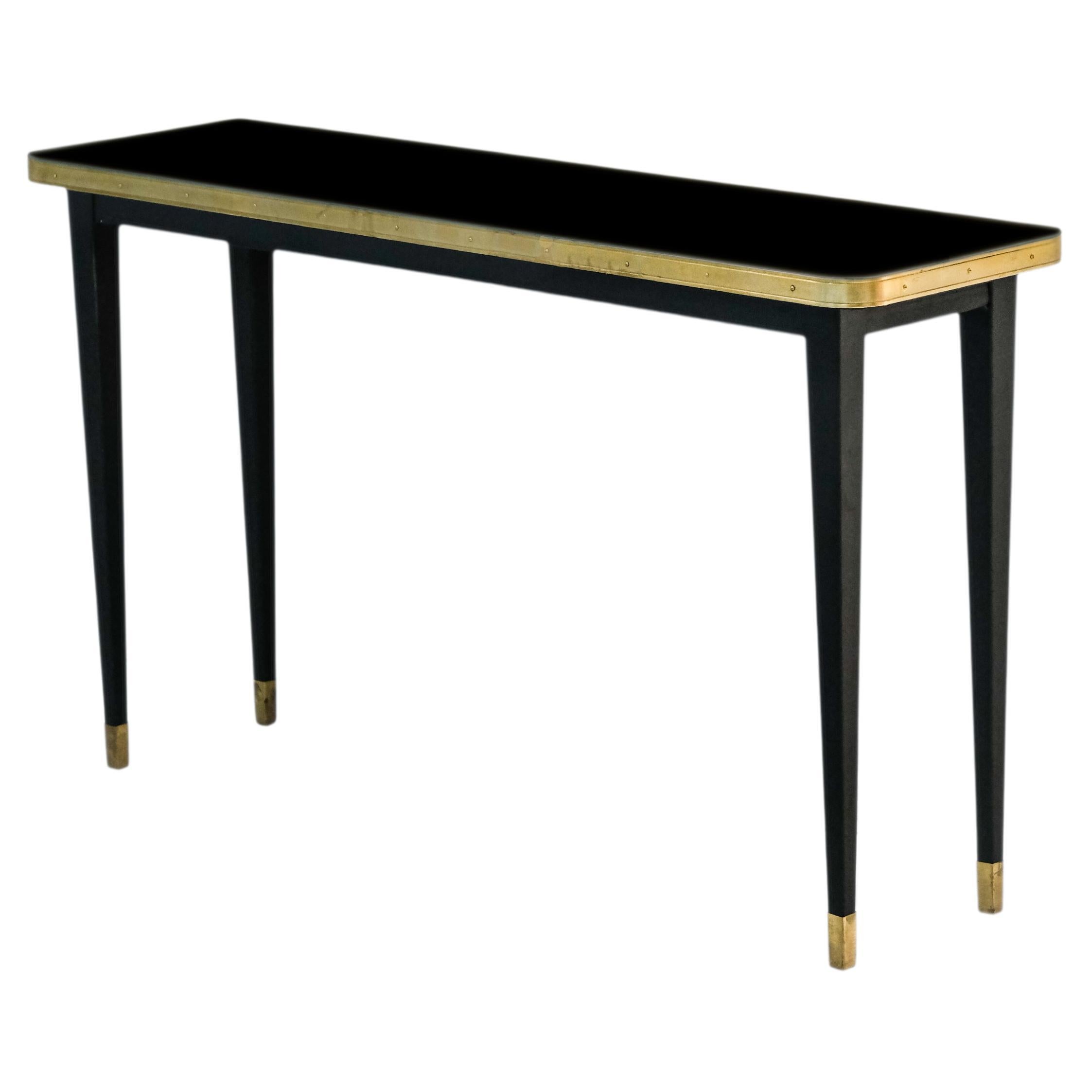 Console Table High Gloss Top Brass Framed Black Conical Legs Brass End Large