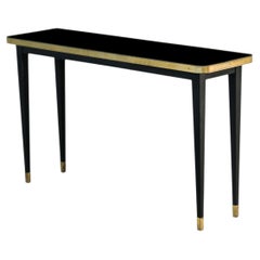 Console Table High Gloss Top Brass Framed Black Conical Legs Brass End Large