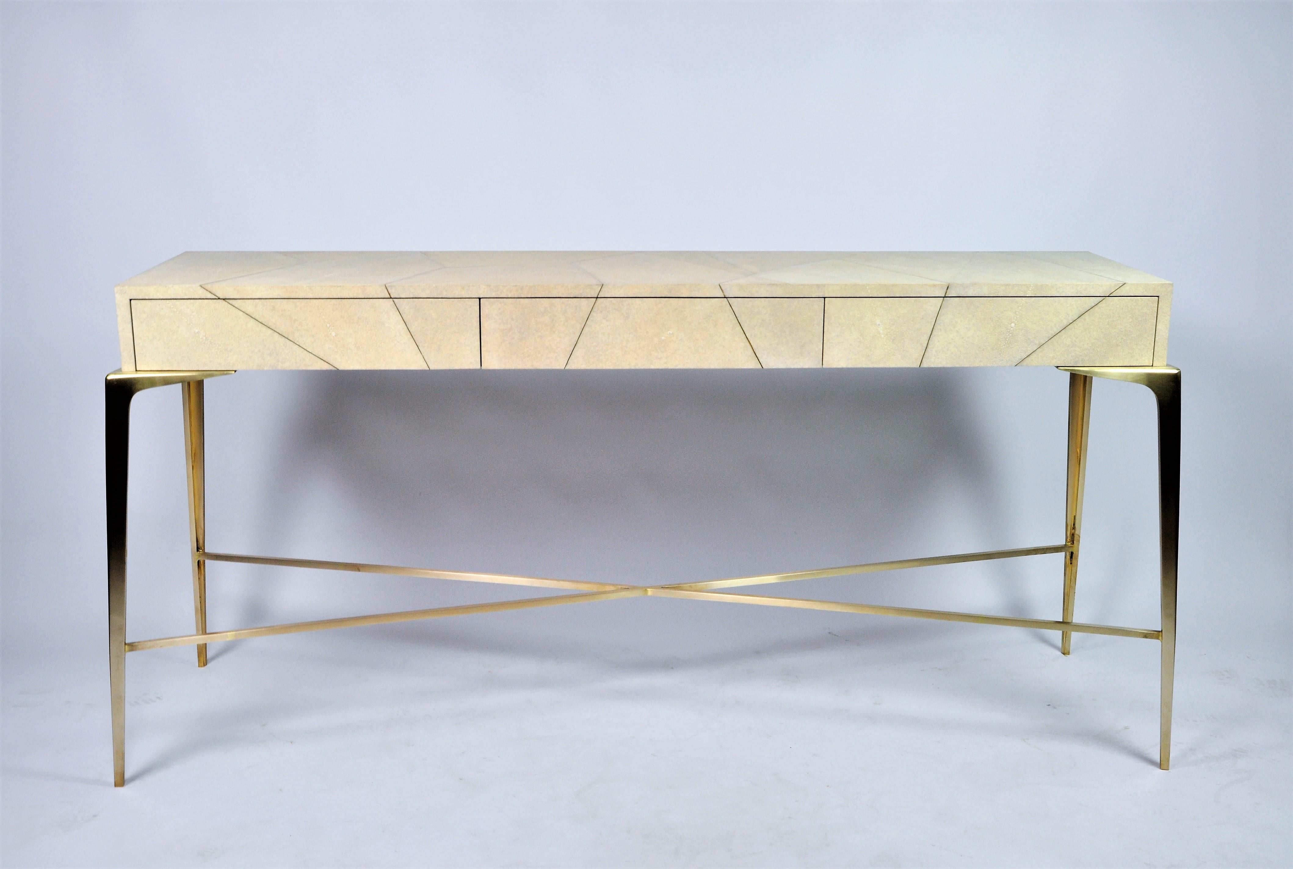 French Console Table Hydra '3 Drawers' in Shagreen and Brass by Ginger Brown For Sale