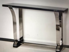Console Table in Art Deco Style, Stainless Steel and Black Lacquered Top