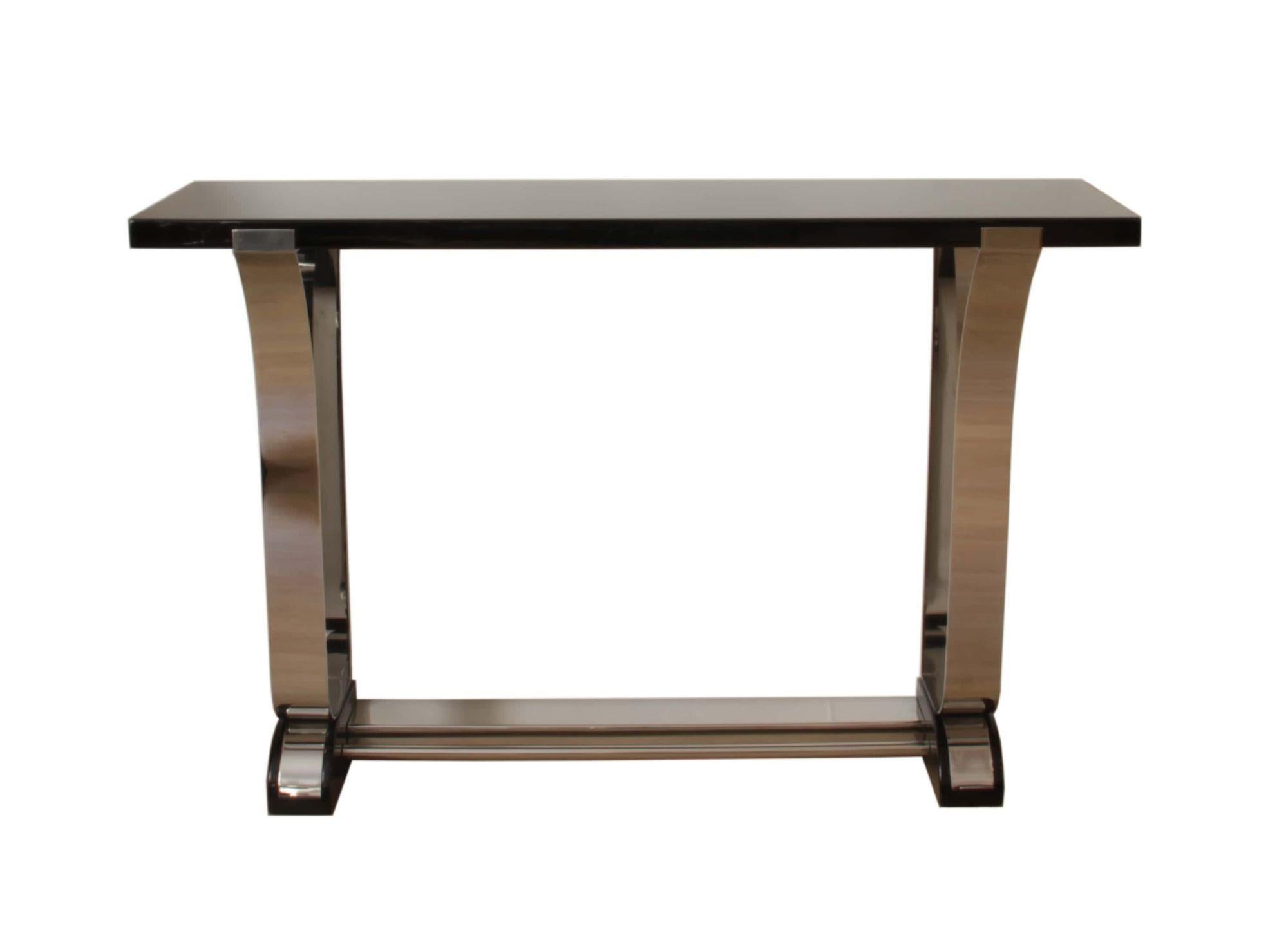 Console Table in Art Deco Style, Stainless Steel and Black Lacquered Top In Excellent Condition For Sale In Regensburg, DE