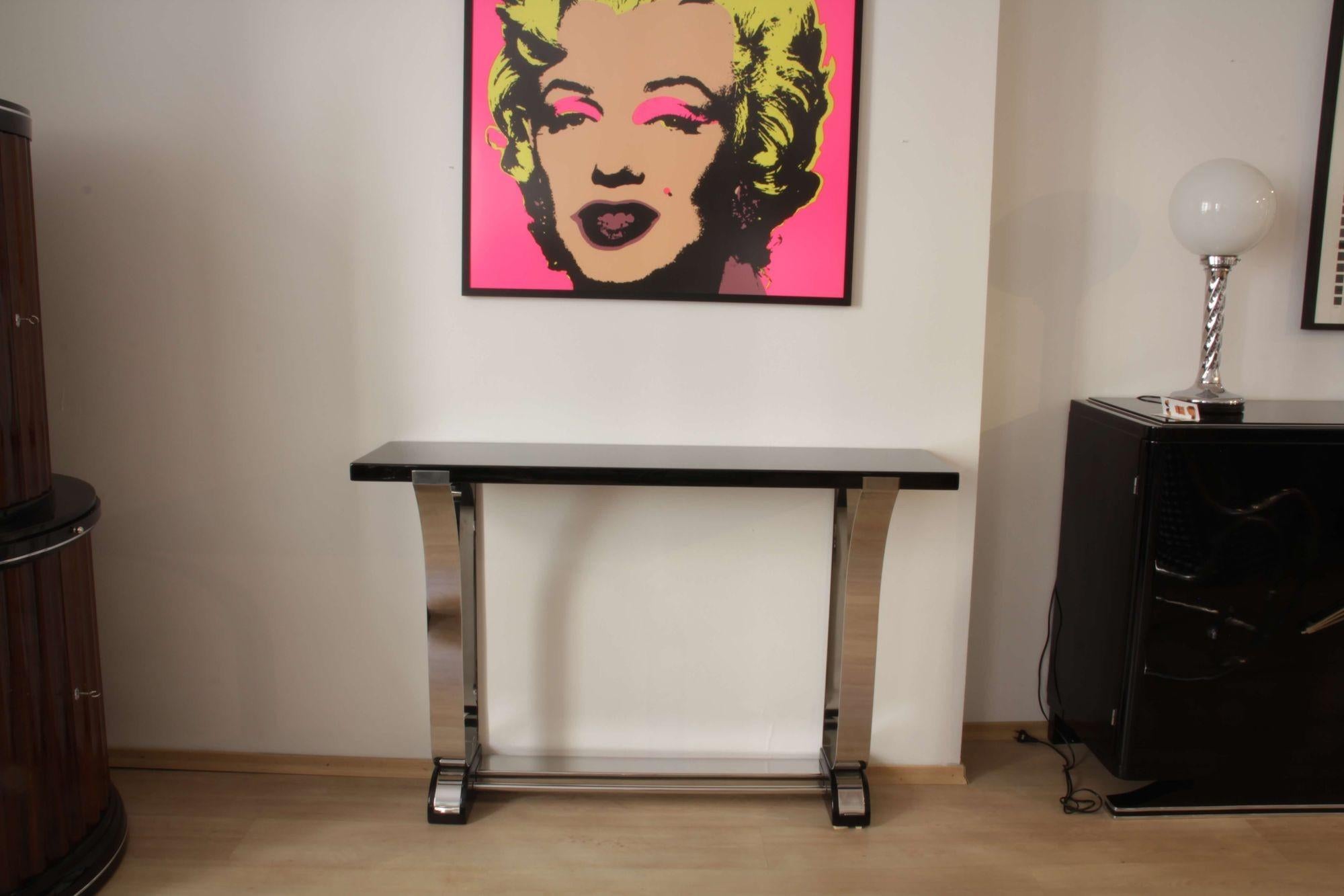 Console Table in Art Deco Style, Stainless Steel and Black Lacquered Top For Sale 1