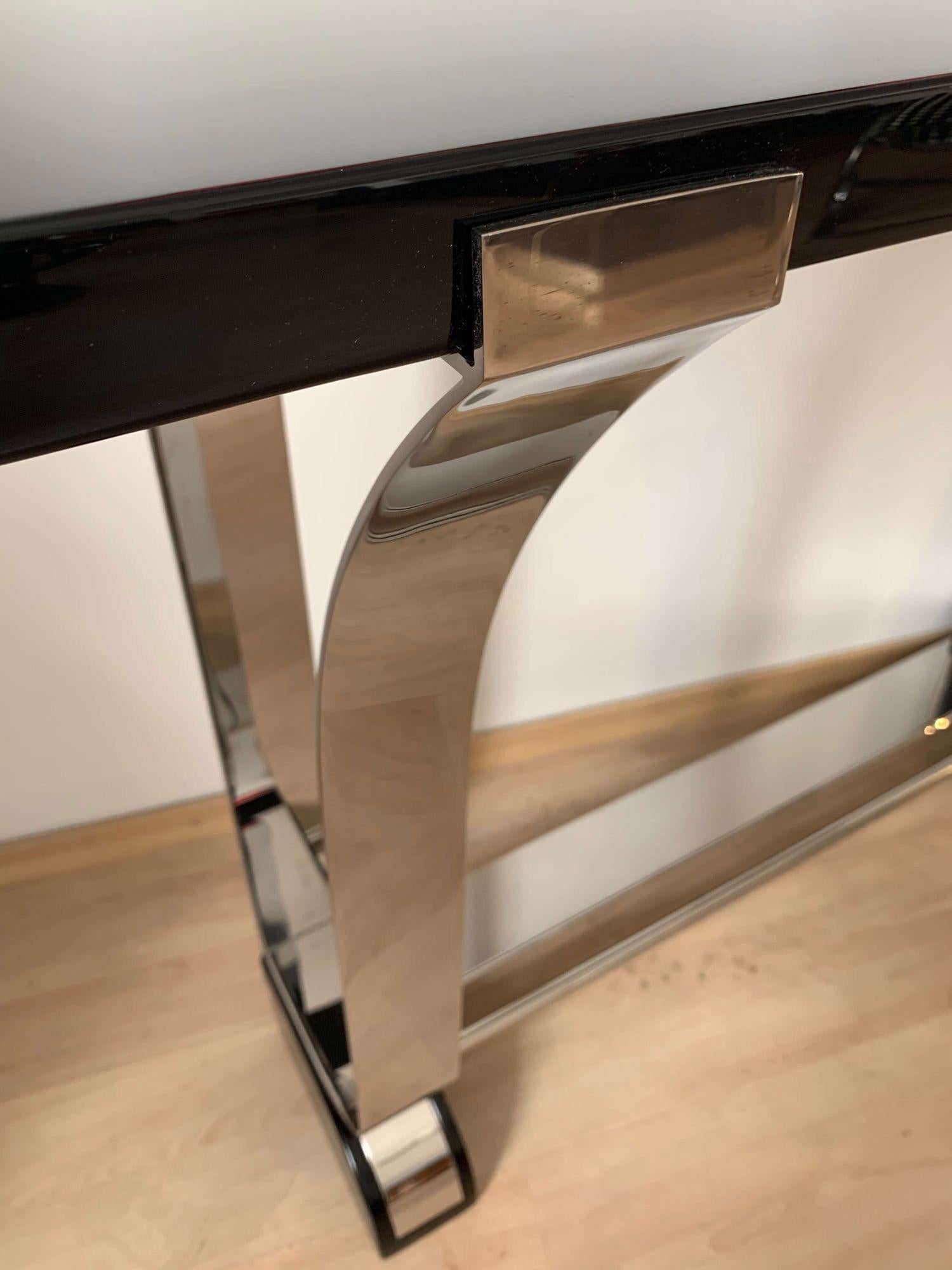 Console Table in Art Deco Style, Stainless Steel and Black Lacquered Top For Sale 2