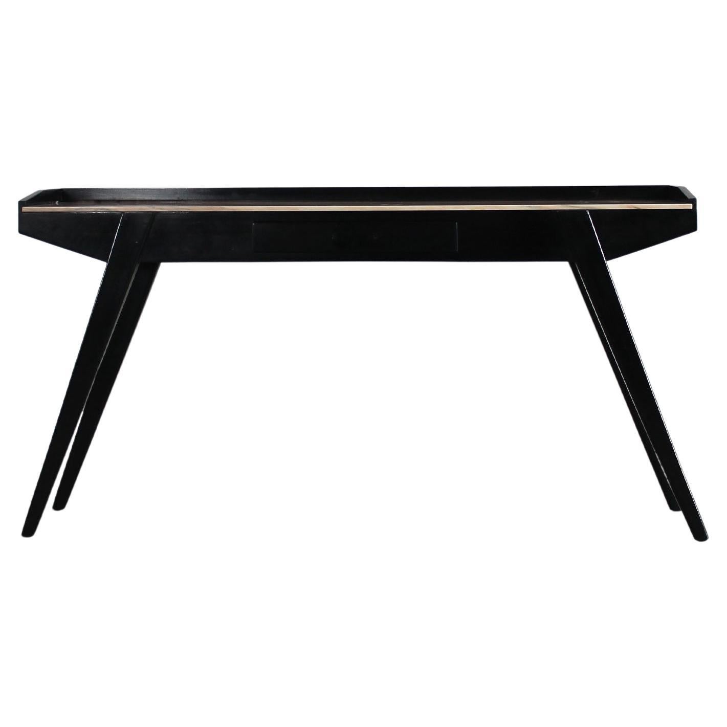 Mid Century Modern Console Table in Black Lacquered Wood and Marble  For Sale