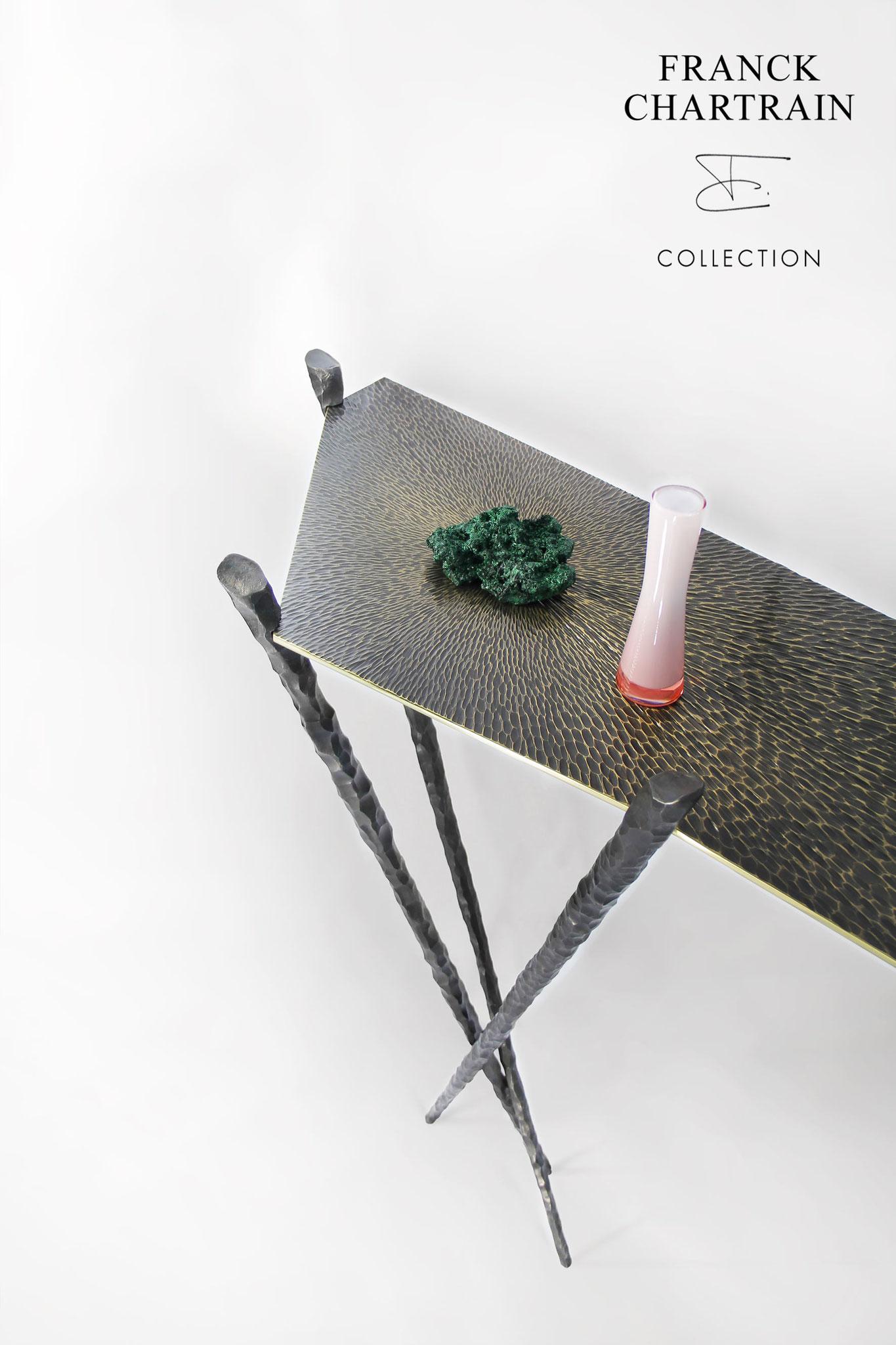 French Console Table in Bronze and Forged Steel, Franck Chartrain, France For Sale