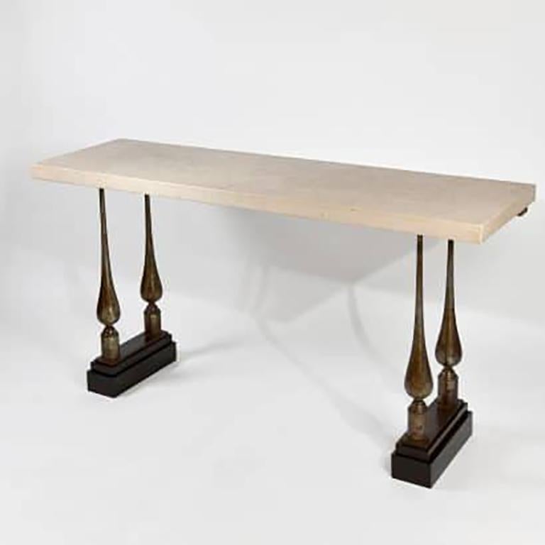 Console table in bronze, travertine and wood.
France, 1960 circa.