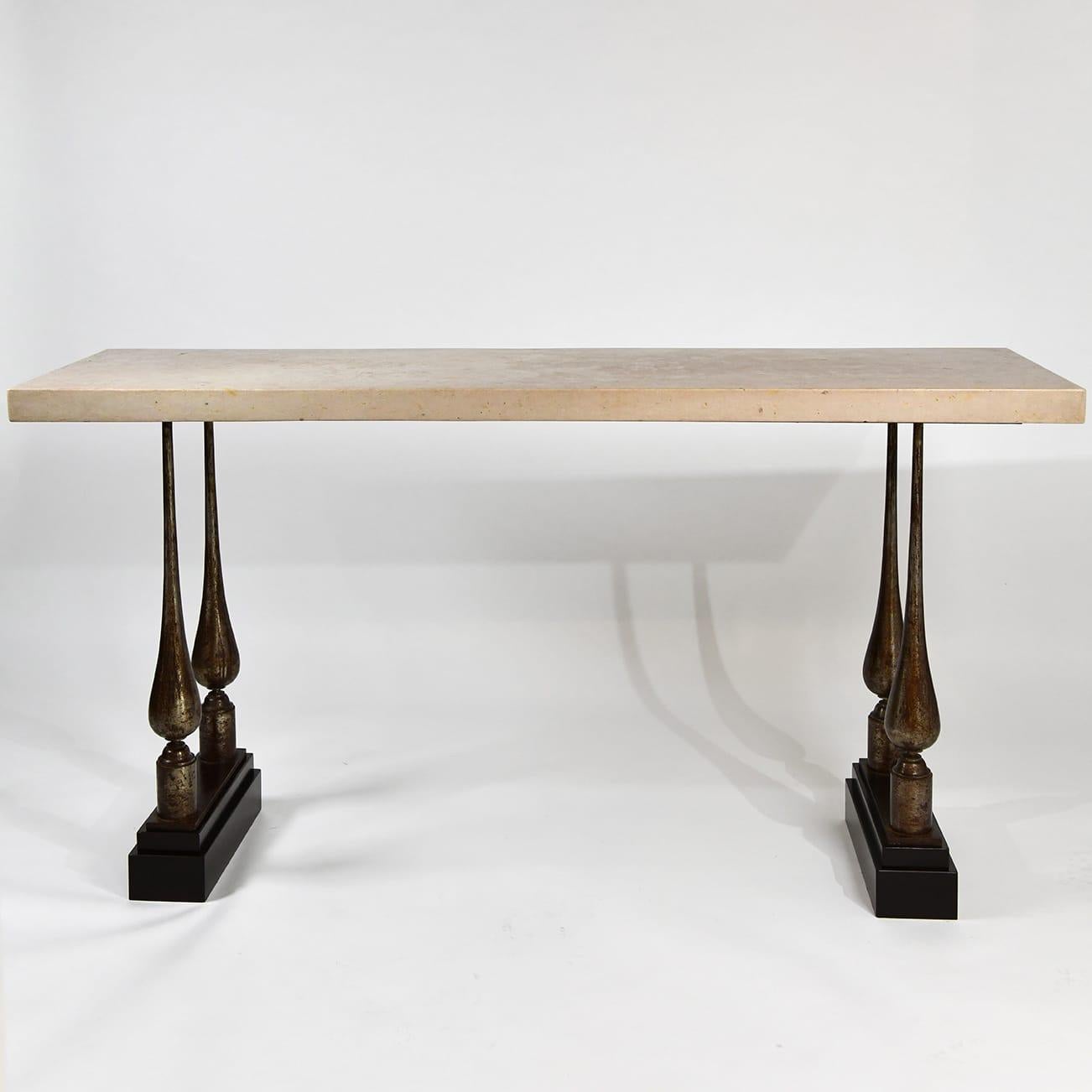 Console Table in Bronze, Travertine and Wood In Good Condition In Soho, London, GB