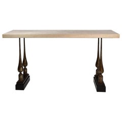 Console Table in Bronze, Travertine and Wood