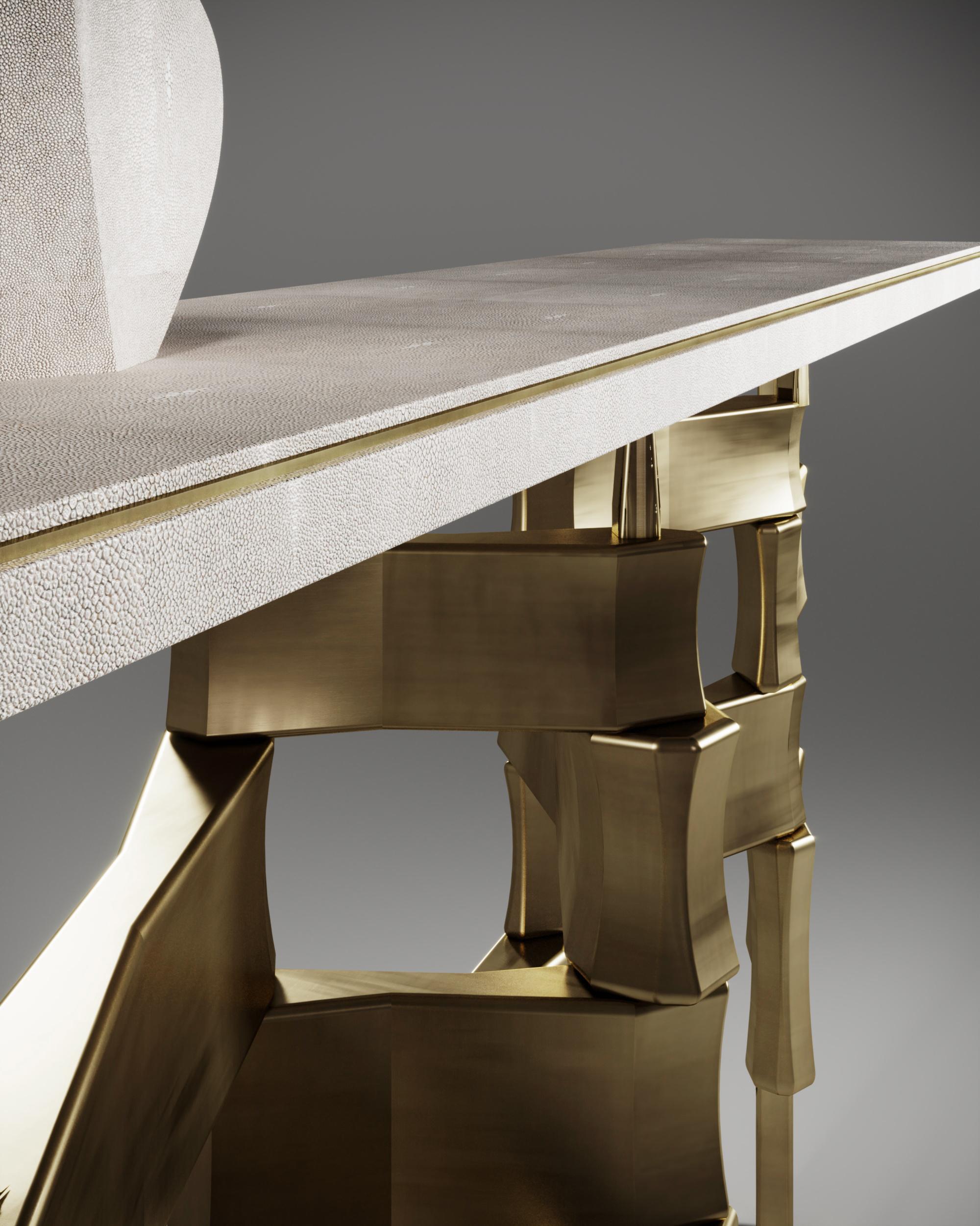 French Console Table in Cream Shagreen and Bronze-Patina Brass by Kifu, Paris For Sale